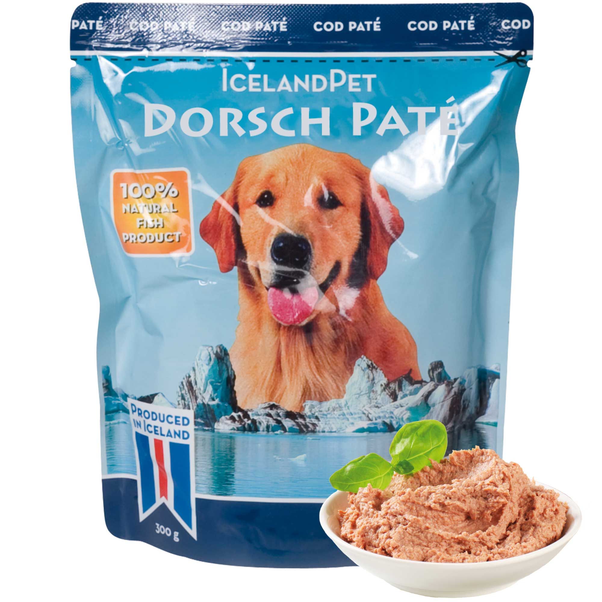 Beutel Hundefutter mit Abbildung eines Hundes. Aufdruck: ICELAND DORSCH PATÉ, 100% Naturprodukt. Schale mit Futter daneben. Verpackung in Blau.