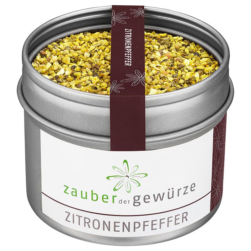 Runde Dose mit Zitronenpfeffer. Aufschrift: Zauber der Gewürze, Zitronenpfeffer. Dunkelrotes Etikett mit Produktnamen.