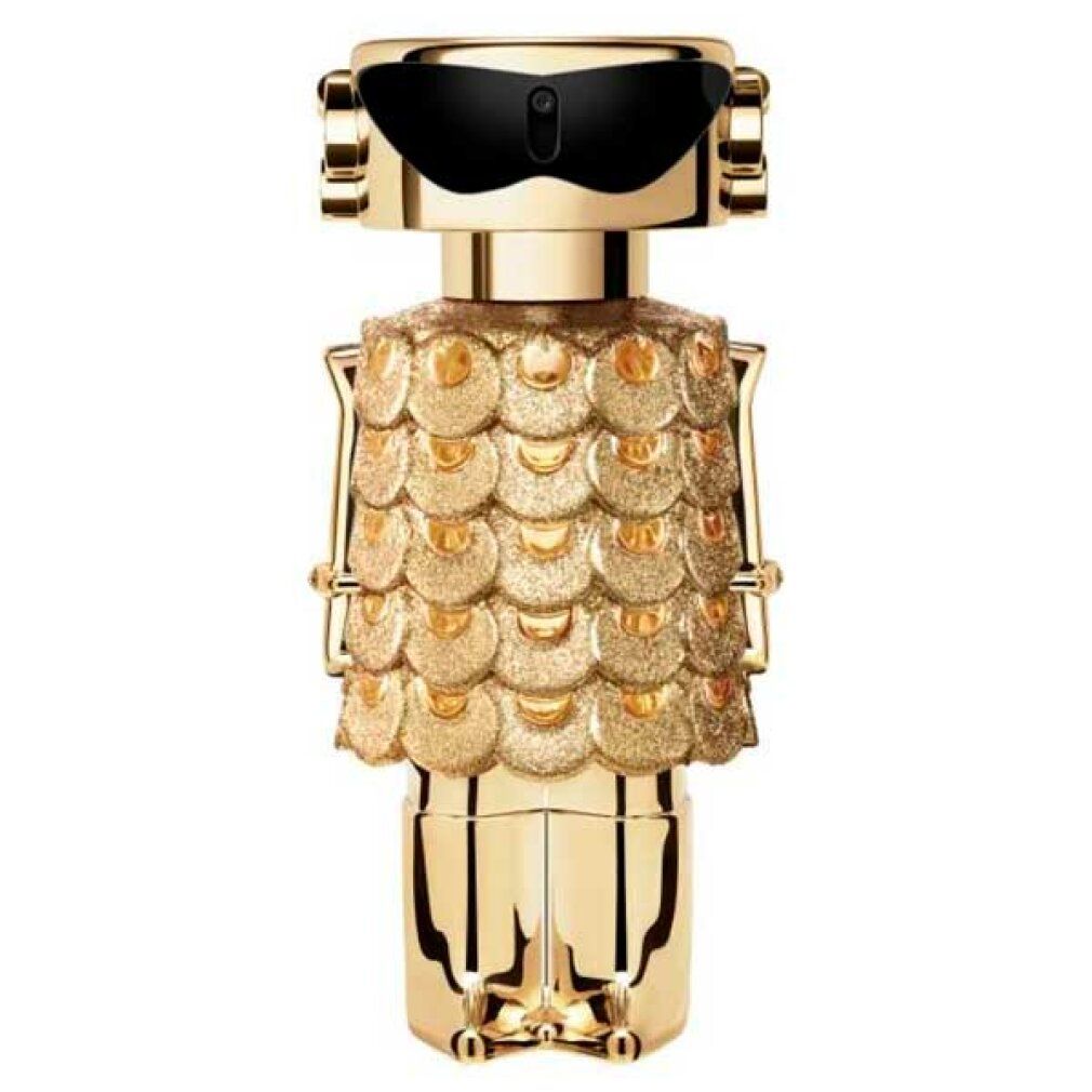 Goldfarbene Flasche in Form einer Figur mit Sonnenbrille. Details: goldene Schuppen, schwarze Sonnenbrille, goldene Kopfhörer. Produkt: Eau de Parfum Intense.