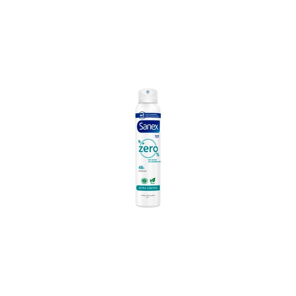 Weißes Spray mit blau-grüner Beschriftung. Sanex Zero Extra Control. 48h Deodorant. Vegan.