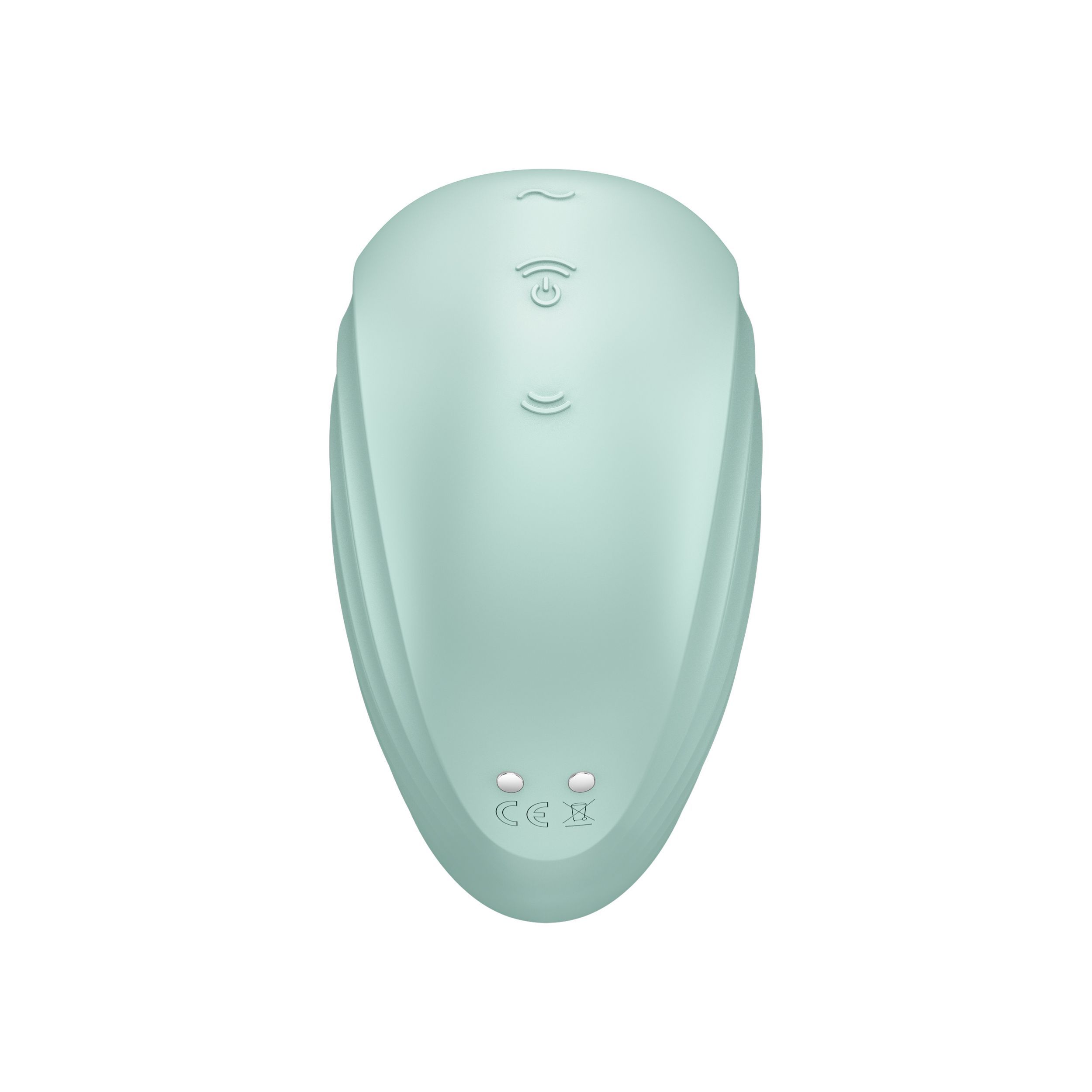 Langwerpig lichtgroen apparaat met knoppen en symbolen. Twee knoppen onderaan, symbolen bovenaan.