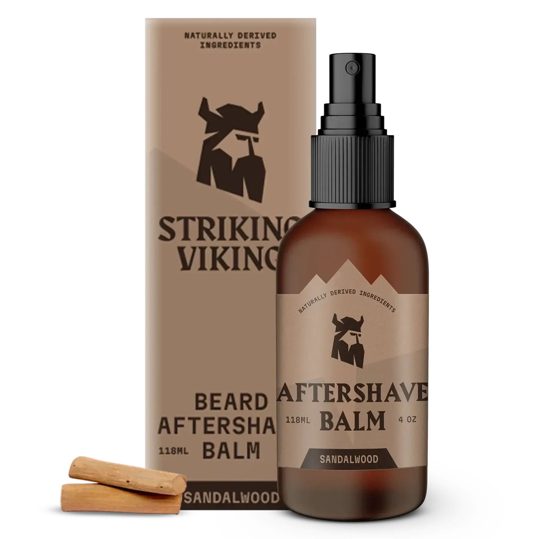 Braune Flasche und Verpackung mit Aufschrift "STRIKING VIKING". Enthält Aftershave Balsam. Sandelholzduft. Zwei Holzstücke liegen daneben.