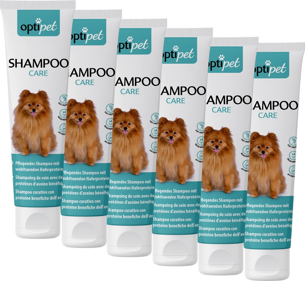 Sechs Tuben Pflegeshampoo CARE. Weiß, mit Hundefoto, Text: Shampoo, Optipet.