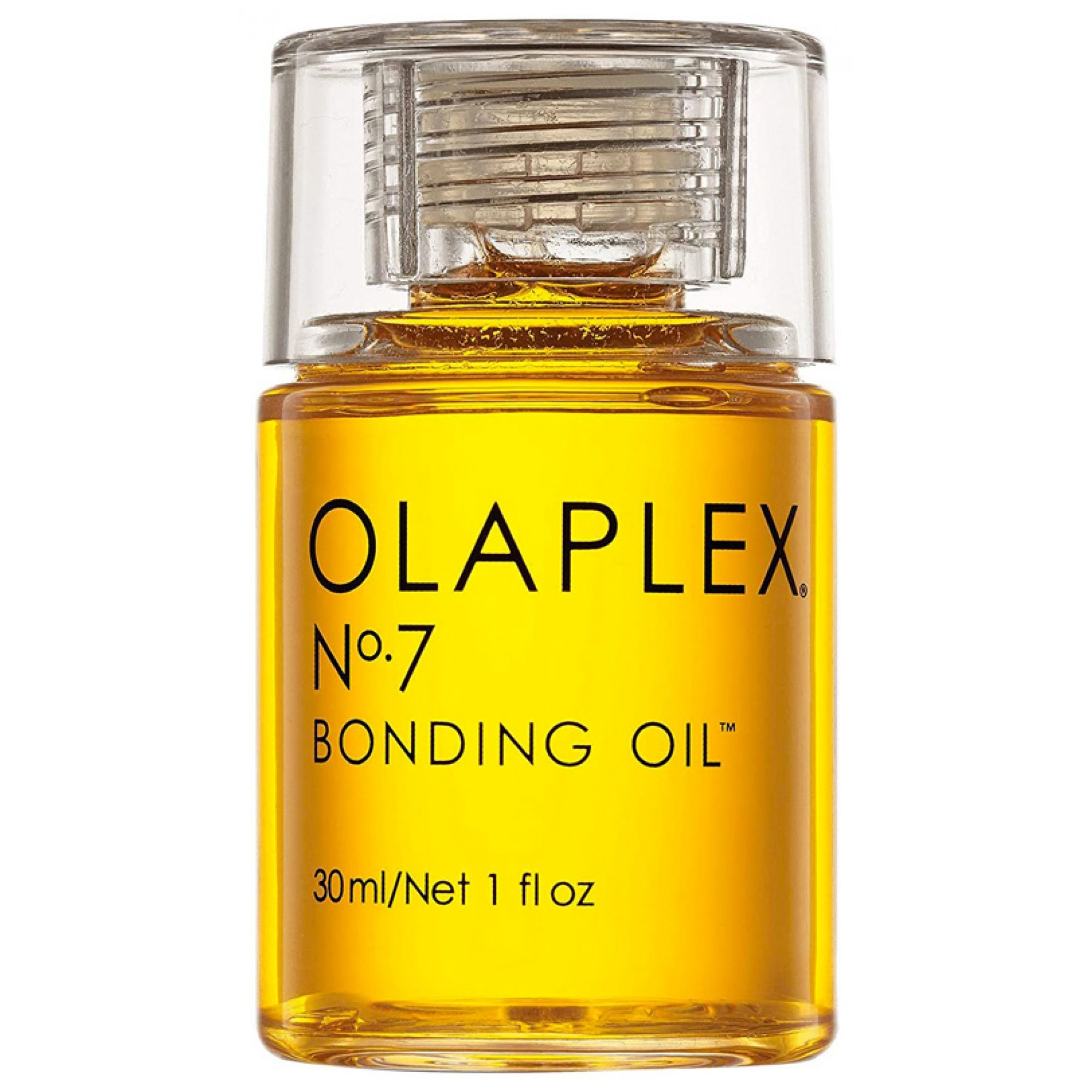 Olaplex Nr. 7 Bonding Oil Flasche mit goldenem Öl und transparentem Deckel.
