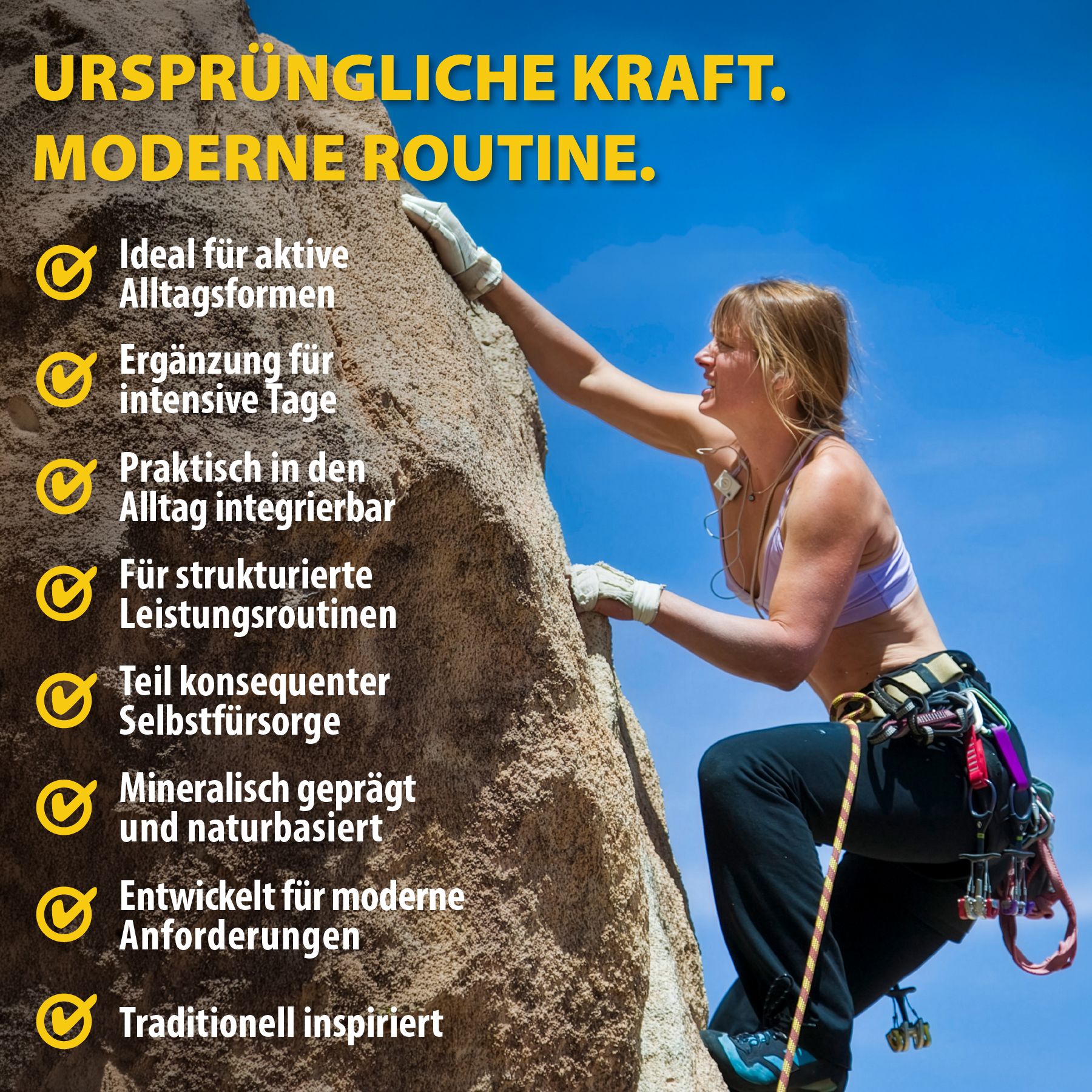 Frau klettert Felsen. Text: Ideal für aktive Alltagsformen, Ergänzung für intensive Tage, Praktisch integrierbar, etc.