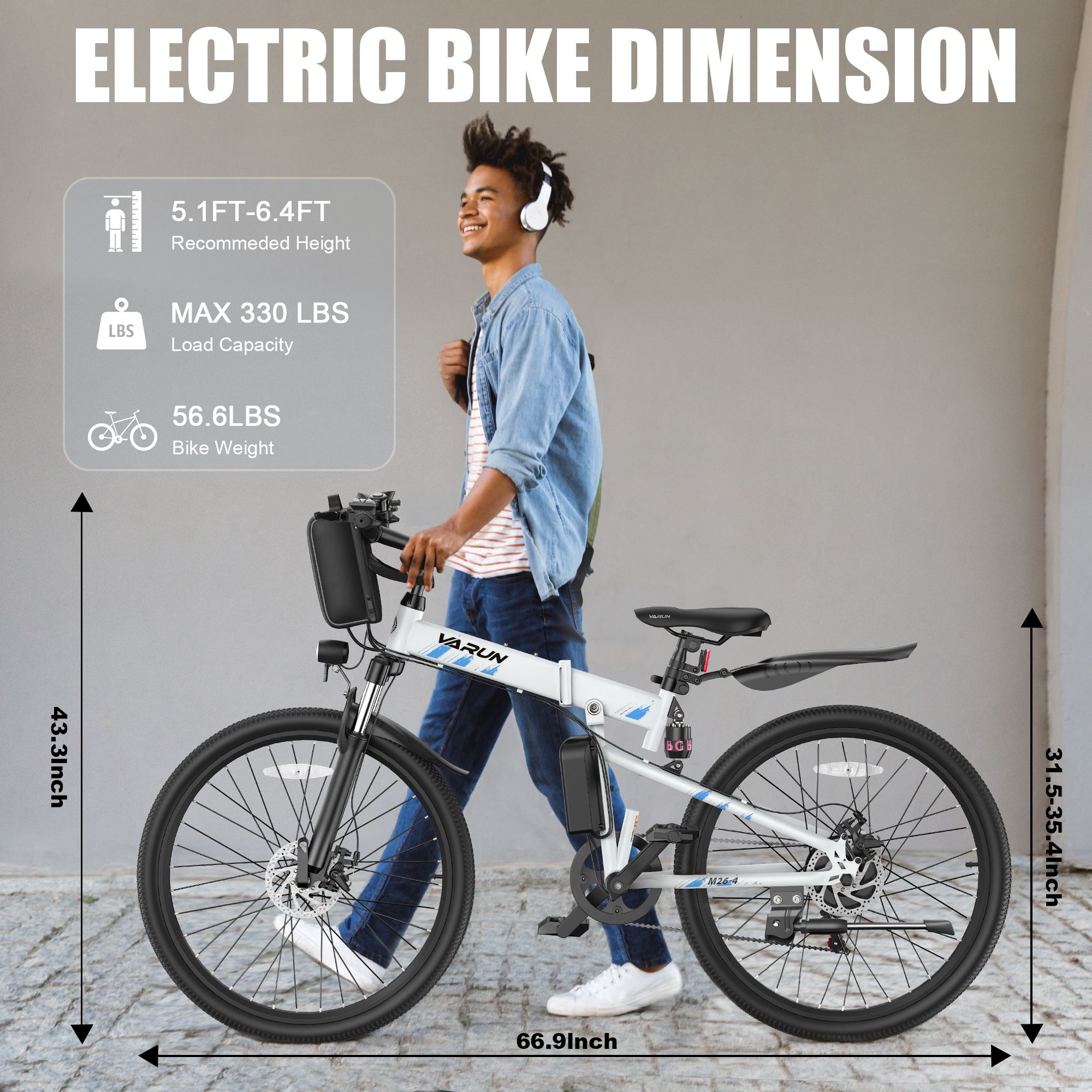 E-Bike mit weißem Rahmen. Maße: 66,9 Zoll lang, 43,3 Zoll hoch, 31,5-35,4 Zoll hoch. Text: VARUN, max. 330 lbs, 56,6 lbs.