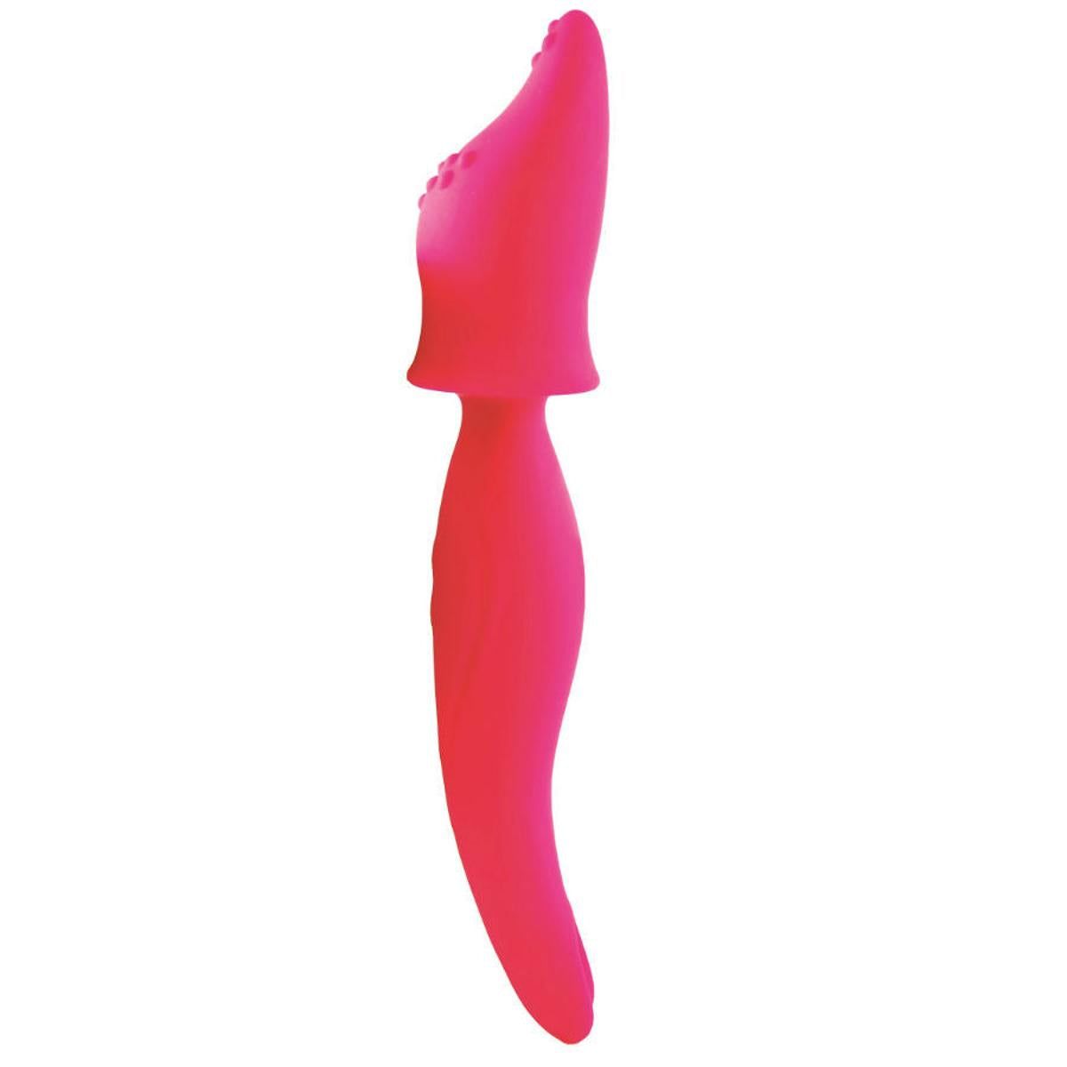 Rosa Vibrator mit abgerundeter Spitze und gebogenem Griff. Oberteil mit erhabenen Punkten. Unterteil mit gebogener Form.