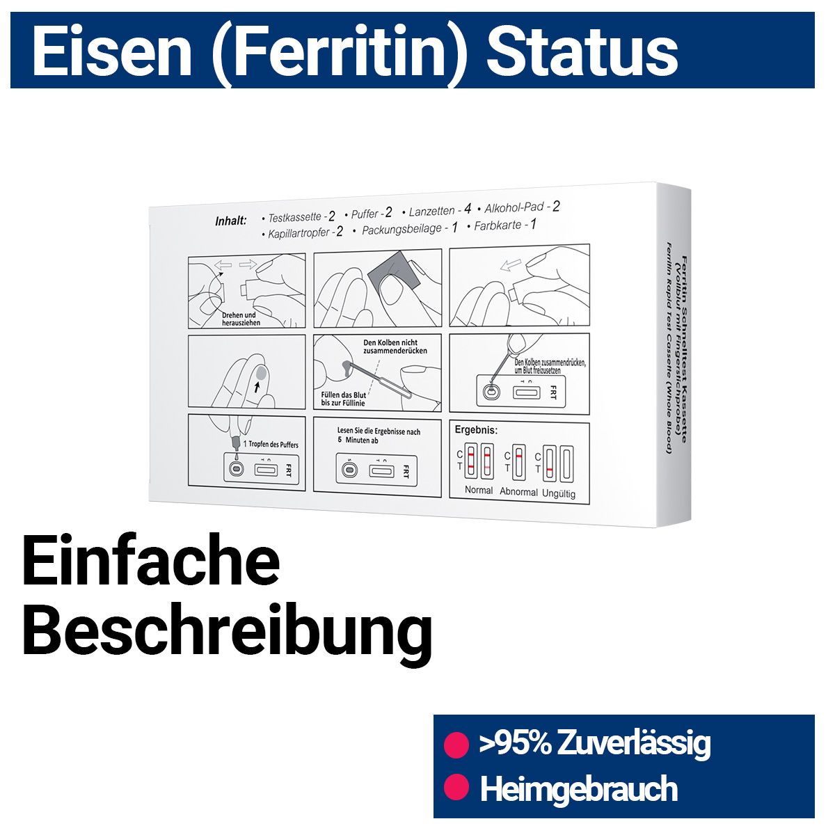Rückseite der Testpackung mit Abbildungen zur Anwendung. Enthält: Testkassette, Puffer, Lanzetten, Alkoholtupfer, Kapillarröhrchen, Packungsbeilage, Farbkarten.