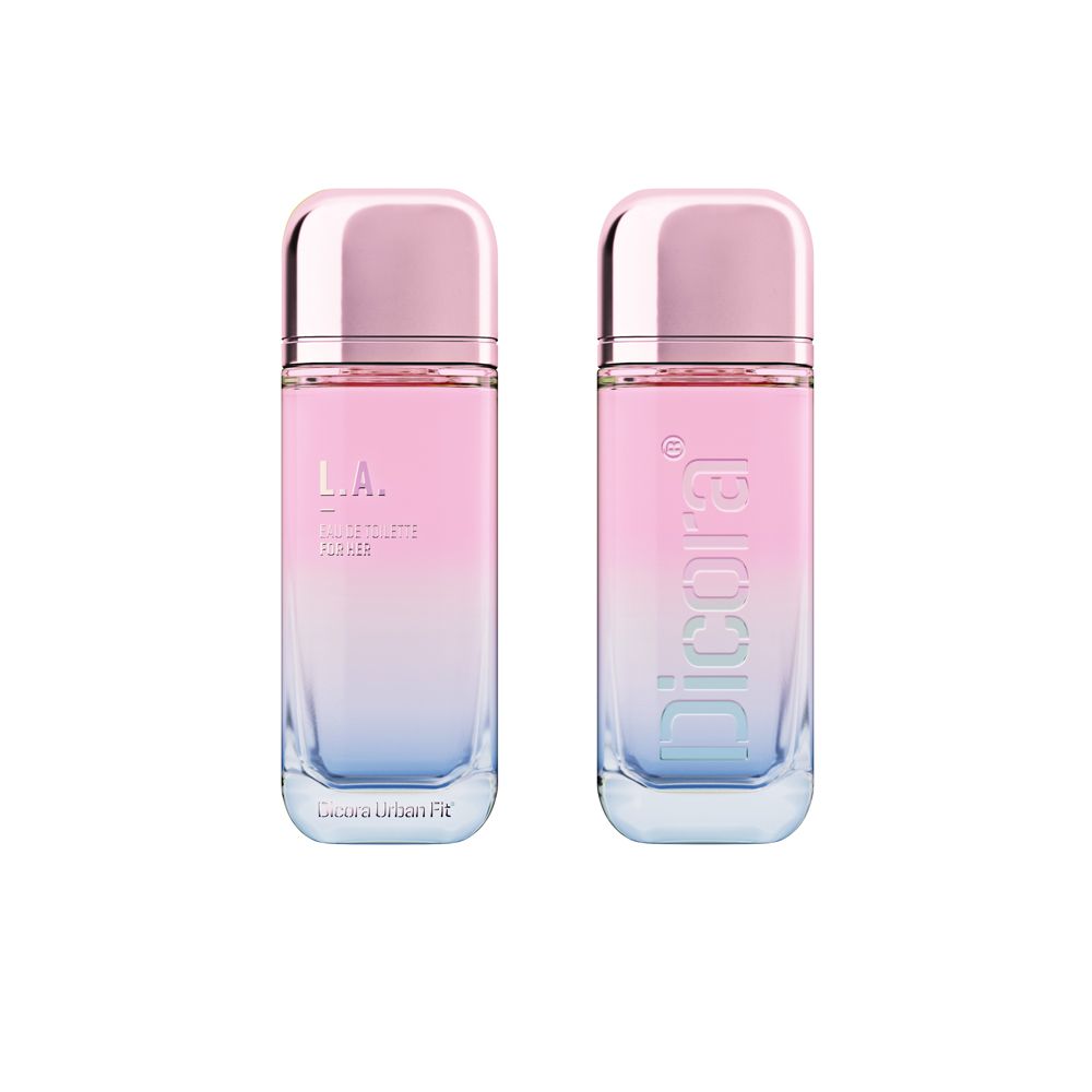 Zwei Flakons Eau de Toilette. Rosa-blau verlaufendes Glas, silberne Kappe. Aufschrift: L.A. und Dicora.