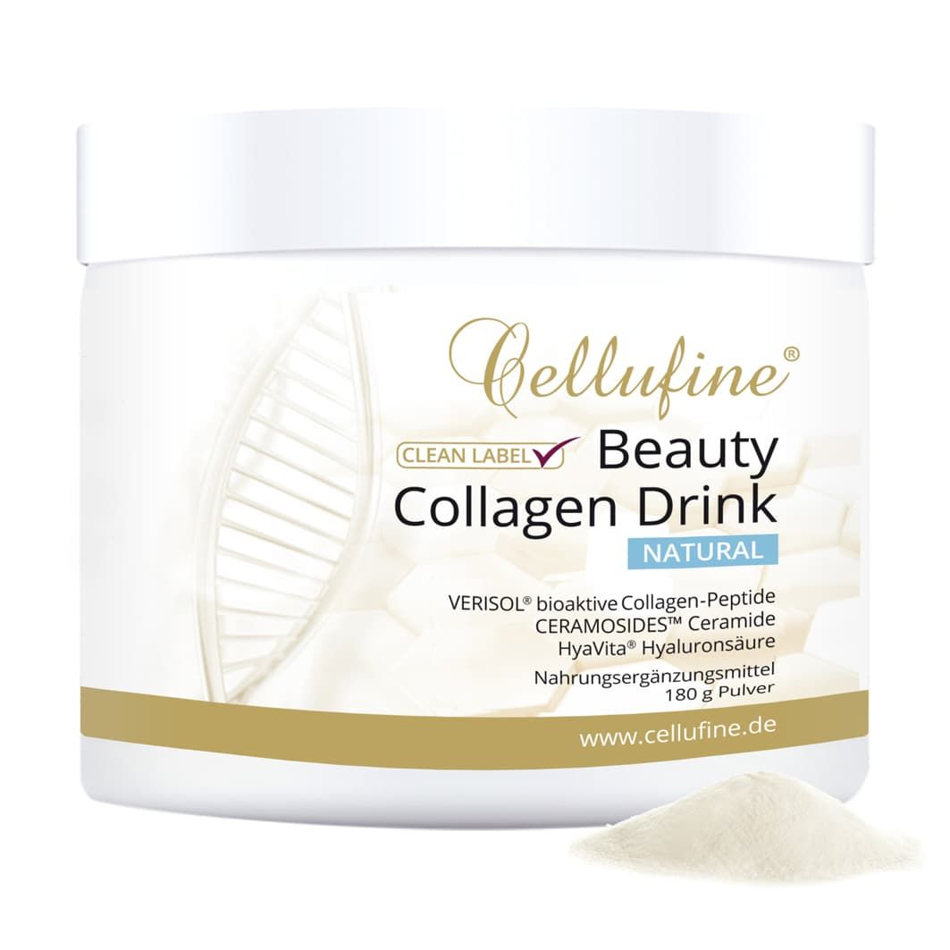 Behälter Beauty-Collagen-Drink, weiß, mit Produktbezeichnung und Inhaltsstoffen. Pulver daneben. Clean Label.