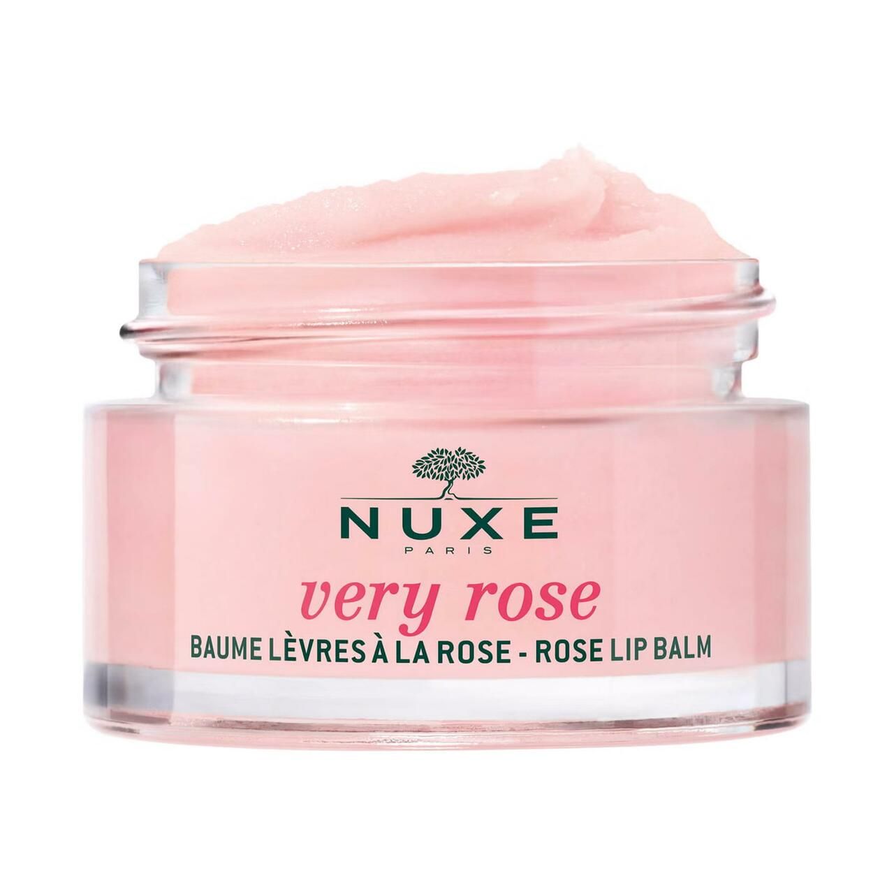 NUXE Very Rose Lippenbalsam. Rosa Tiegel mit rosa Deckel. Produktname und Logo sichtbar.