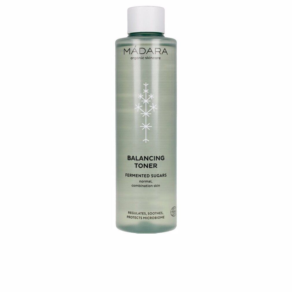 Madara Balancing Toner Flasche. Grünes Produkt, weißer Deckel. Text: Balancing Toner, Fermented Sugars, normal/Mischhaut.