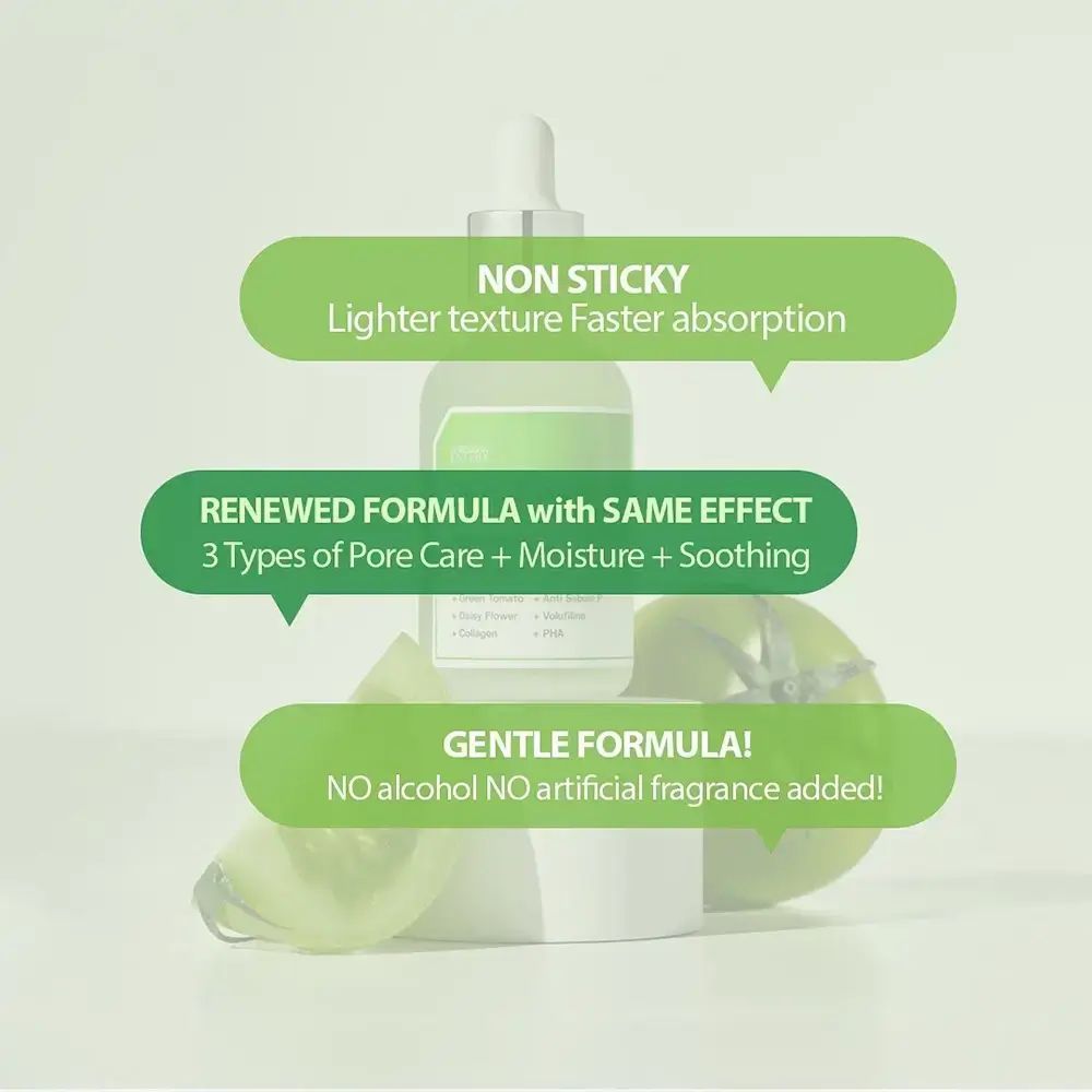 Produktflasche mit Textblasen. Beschreibt die Textur, die Formel und die Inhaltsstoffe. Grüne Tomaten im Hintergrund.