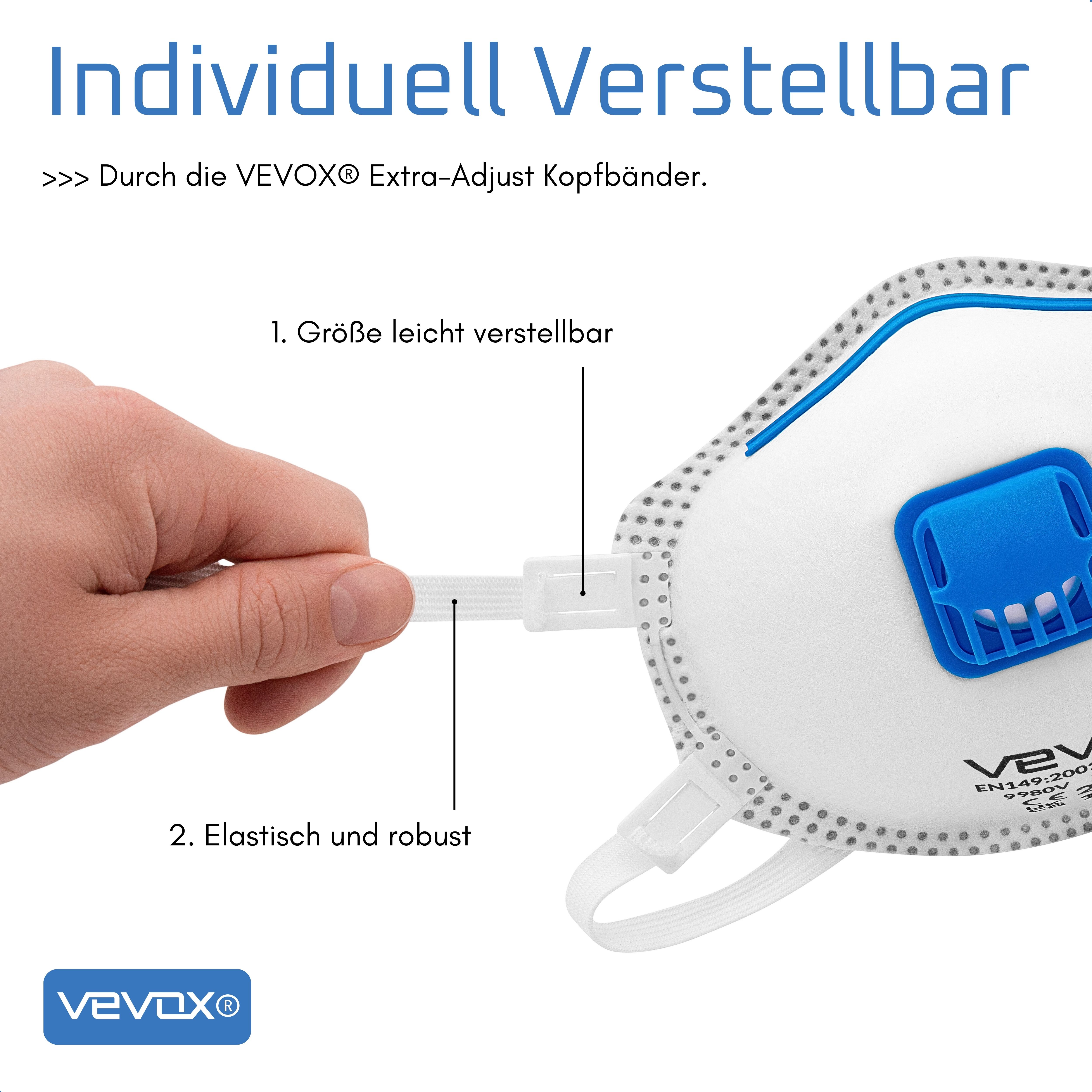 Hand verstellt Kopfband einer FFP3-Maske. Elastisch und robust. VEVOX-Logo.
