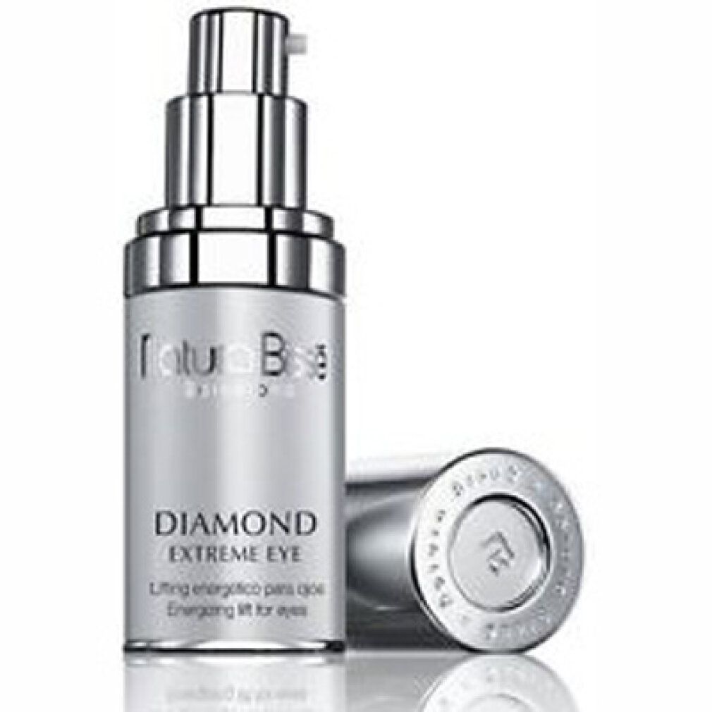 Silberne Flasche mit Pumpkopf und Deckel. Beschriftung: Natura Bissé, Diamond Extreme Eye. Text: Energizing lifting eye cream.