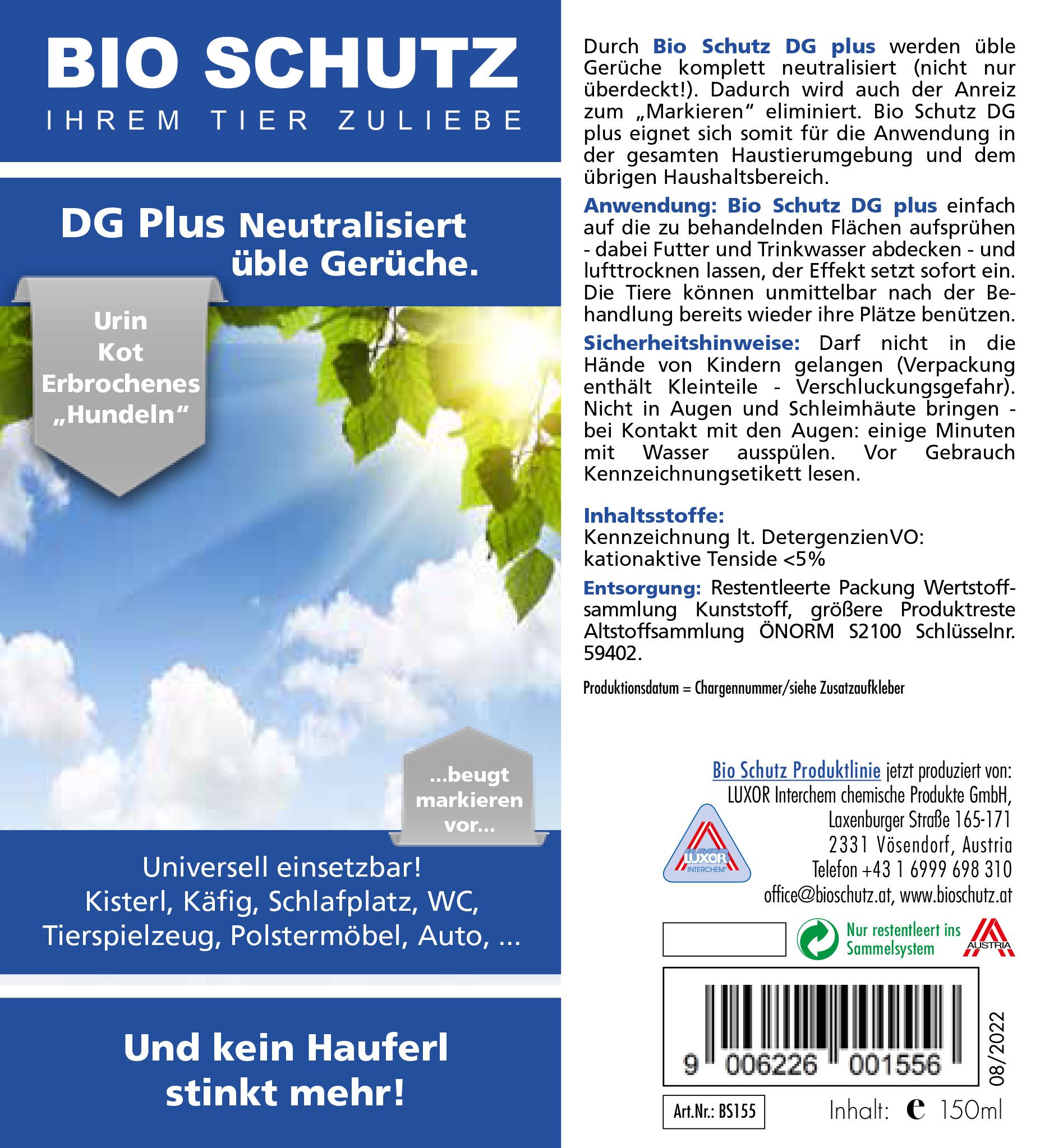 Etikett mit Produktinformationen. Aufschrift: BIO SCHUTZ, DG Plus neutralisiert üble Gerüche. Text und Logo.