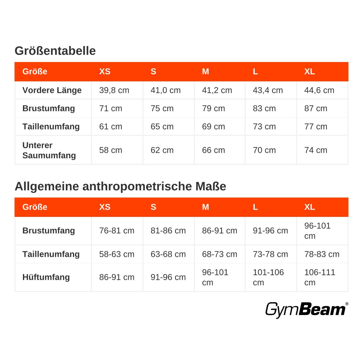 Größentabelle mit Maßen für Brustumfang, Taillenumfang und Saumumfang in cm für die Größen XS bis XL.