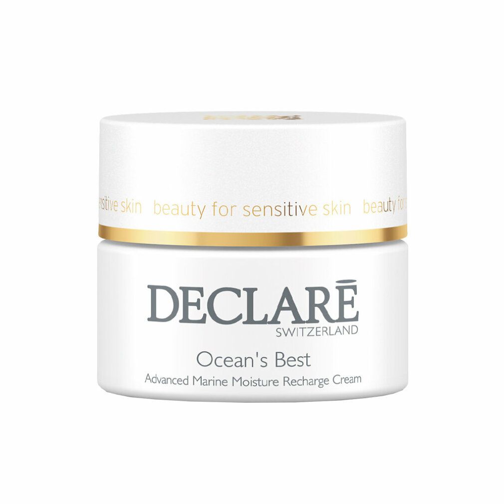 Weißer Tiegel mit goldfarbenem Deckel. DECLARÉ-Logo und Produktbezeichnung "Ocean's Best" in Grau. Text: "Advanced Marine Moisture Recharge Cream".