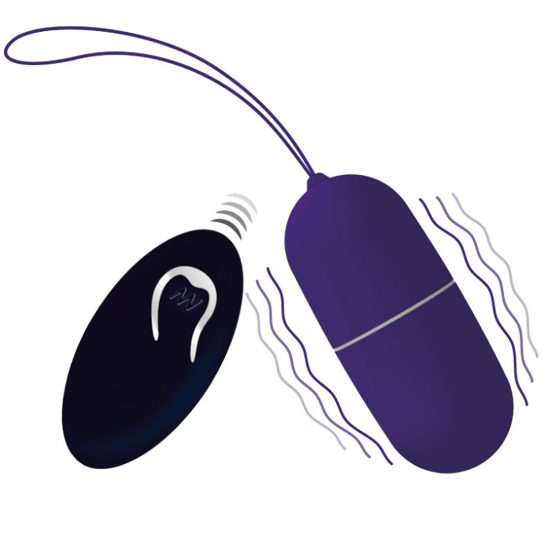 Lila Ei mit Fernbedienung. Das Ei vibriert, mit Schlaufe. Fernbedienung schwarz mit Symbol. 