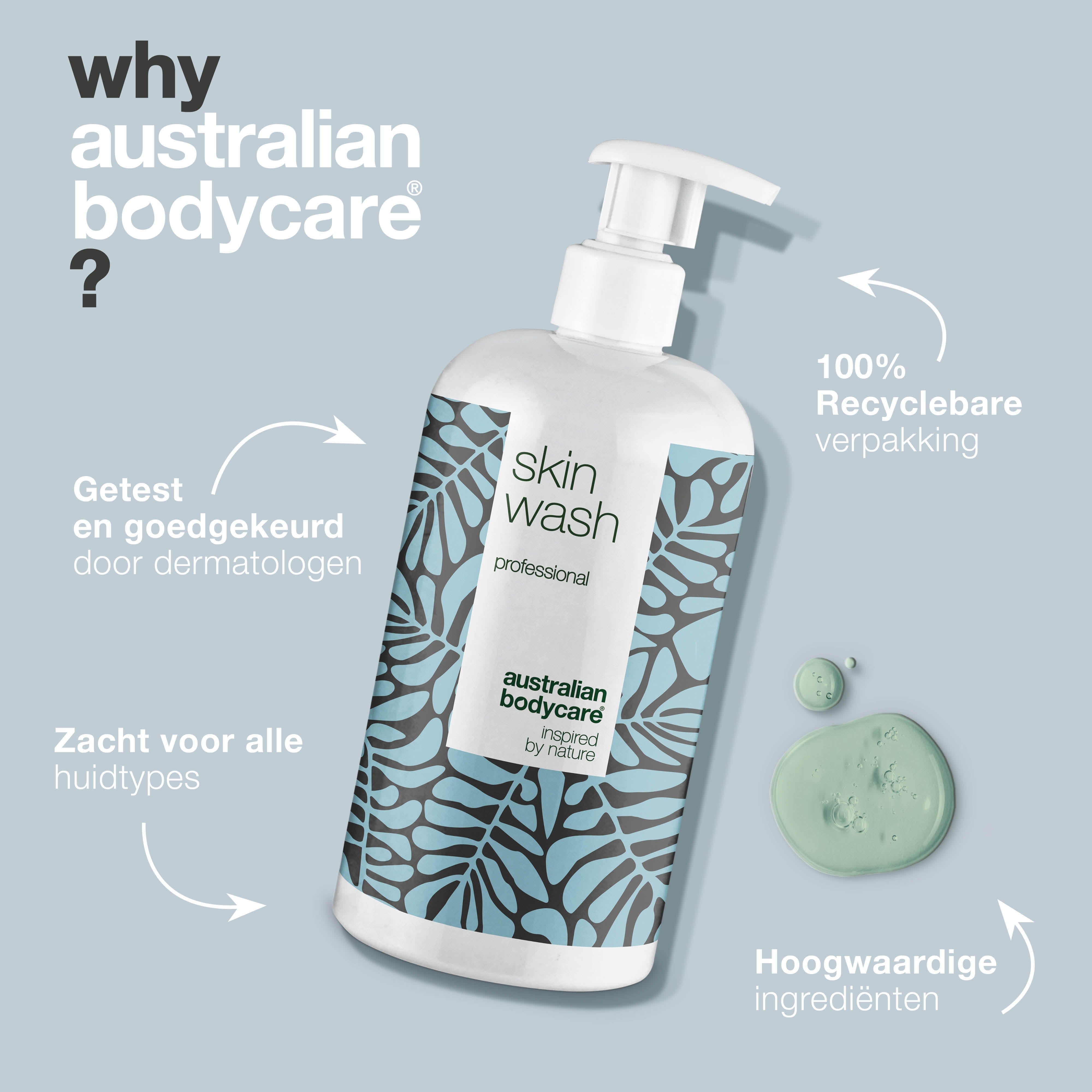 'Skin wash professional' fles. Tekst: 'Getest en goedgekeurd door dermatologen'. Logo 'Australian Bodycare'.