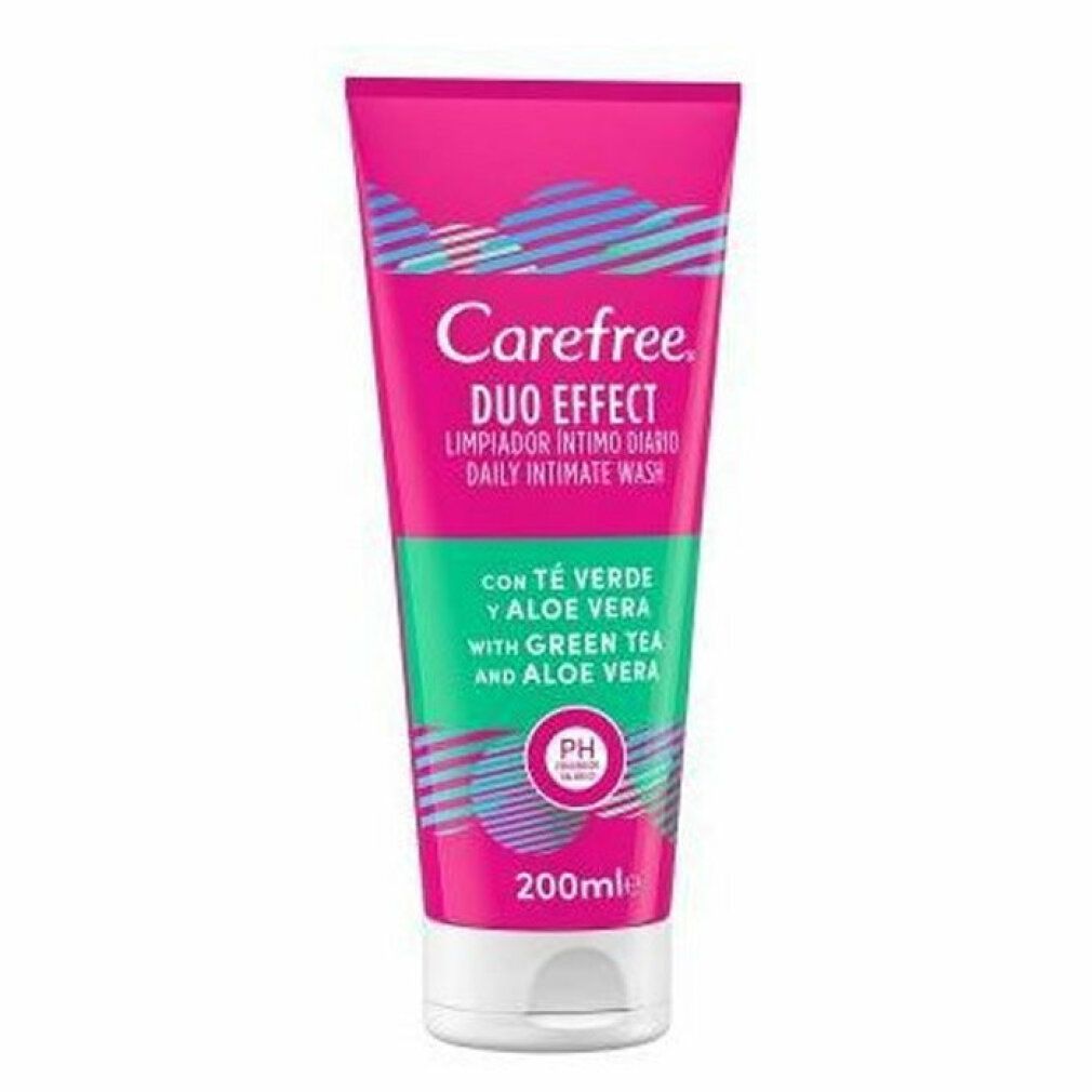 Rosa Tube mit weißem Deckel. Carefree, Duo Effect, Limpiador Intimo Diario, mit Aloe Vera und Grüntee. pH-Wert-Symbol. 200ml.