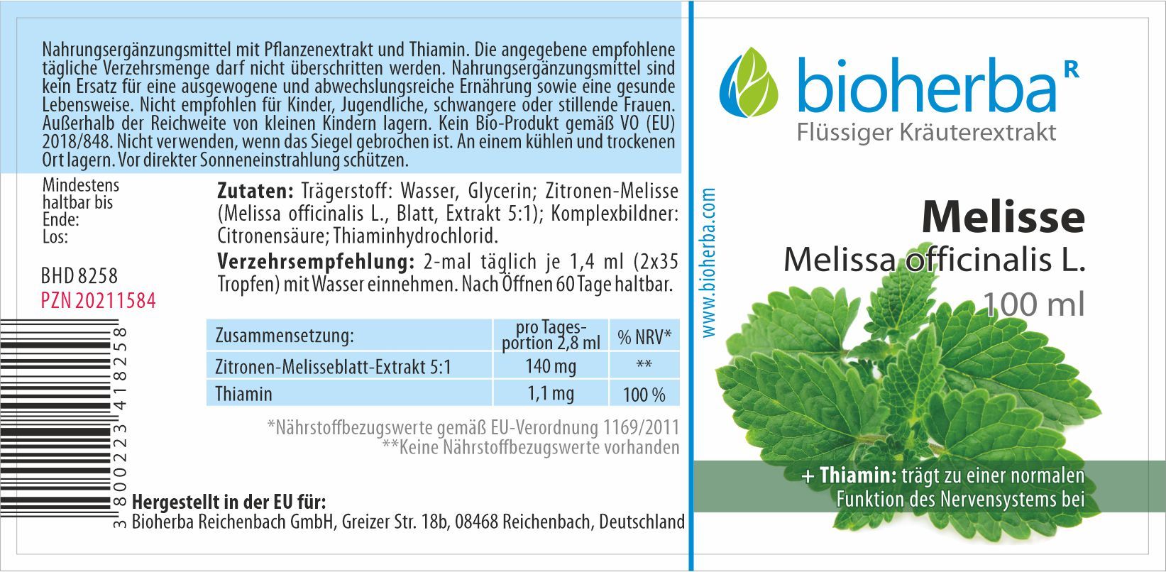 Bioherba Melisse Melissa officinalis L. Tropfen Tinktur