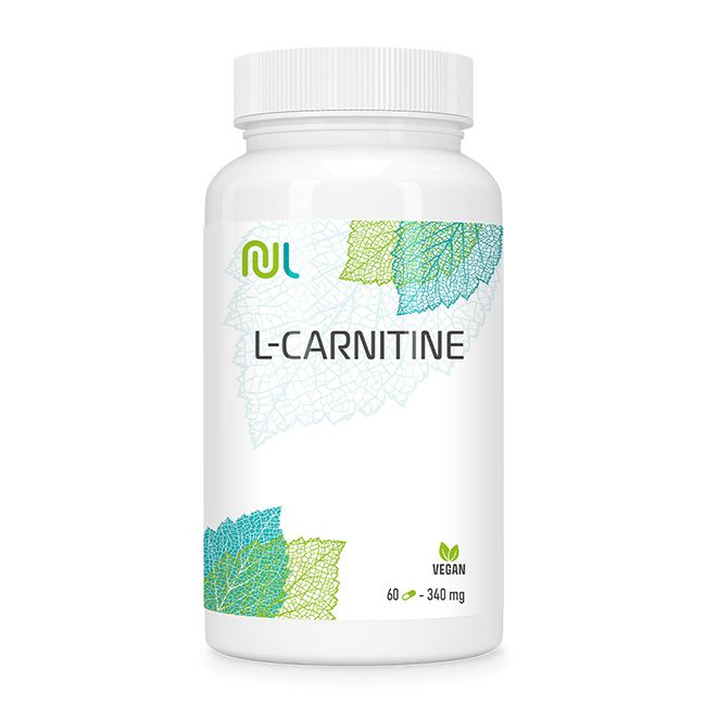 Weiße Flasche mit "L-CARNITINE"-Aufdruck. Grün-blaue Blätter-Grafik. "VEGAN"-Logo. 60-340mg.