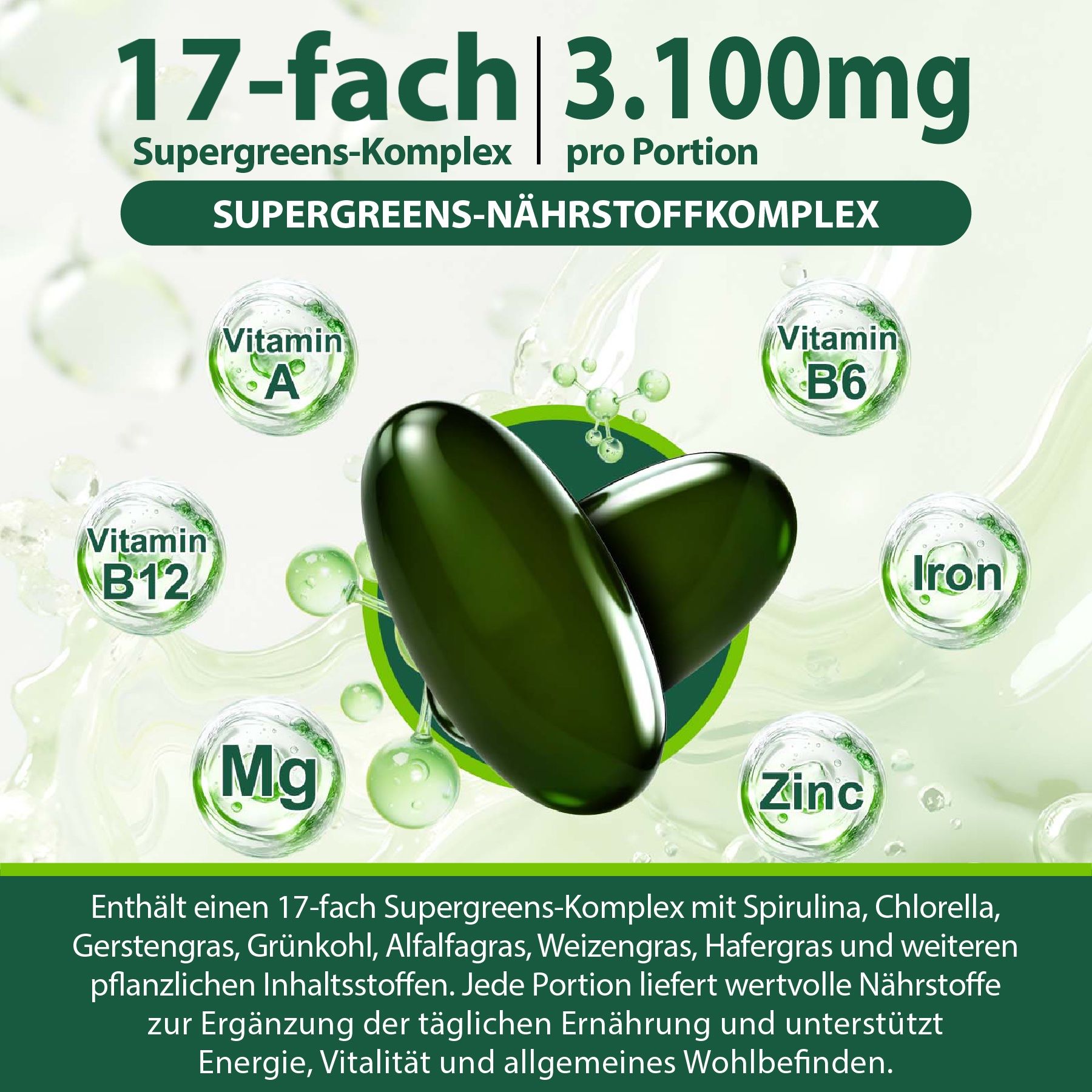 Zwei grüne P-Beauty Spirulina Chlorella Softgels, umgeben von Vitamin- und Mineralstoffsymbolen.