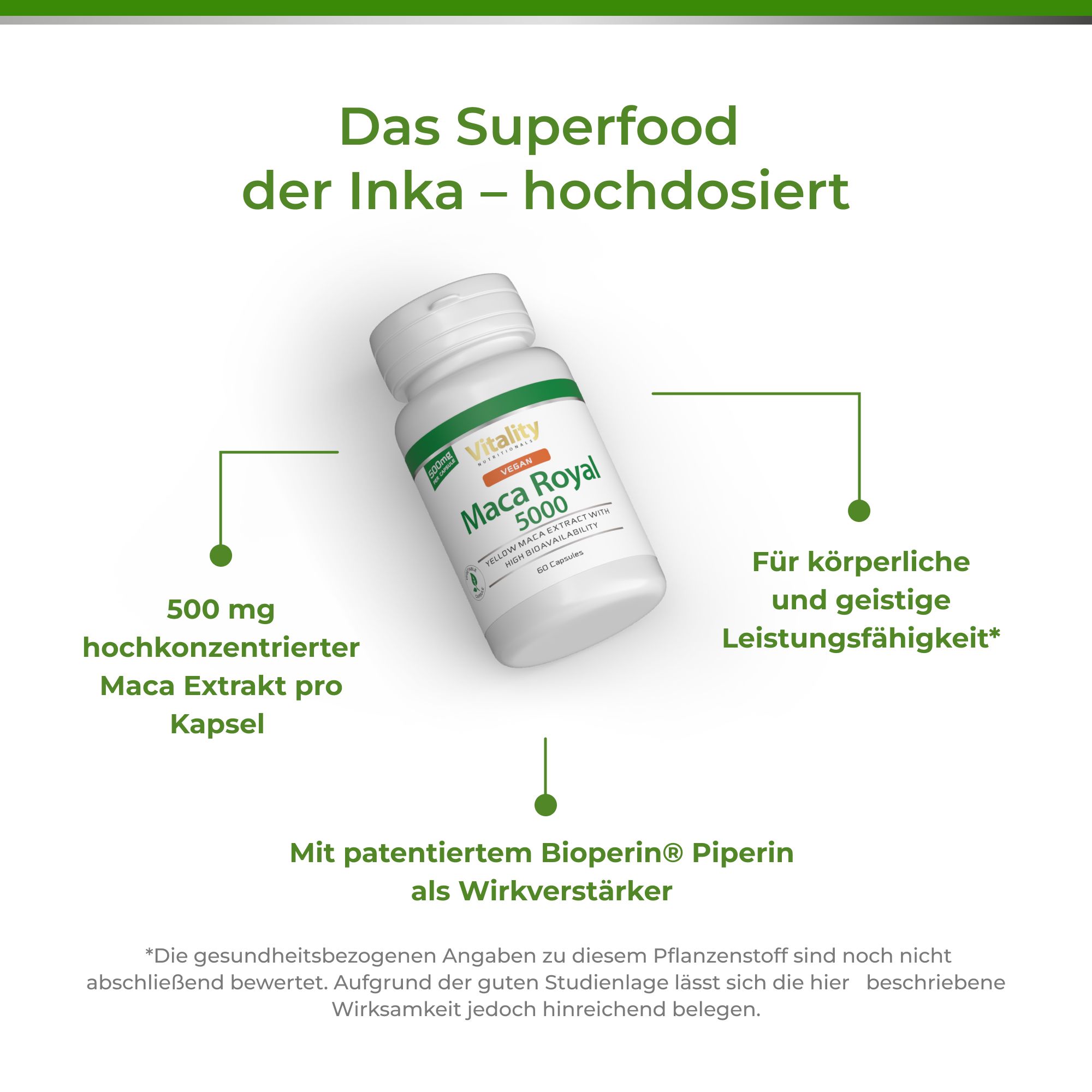 Produktabbildung mit Text. Weiße Flasche Maca Royal 5000. Text: 500 mg Maca Extrakt pro Kapsel, Bioperin, Leistungsfähigkeit.