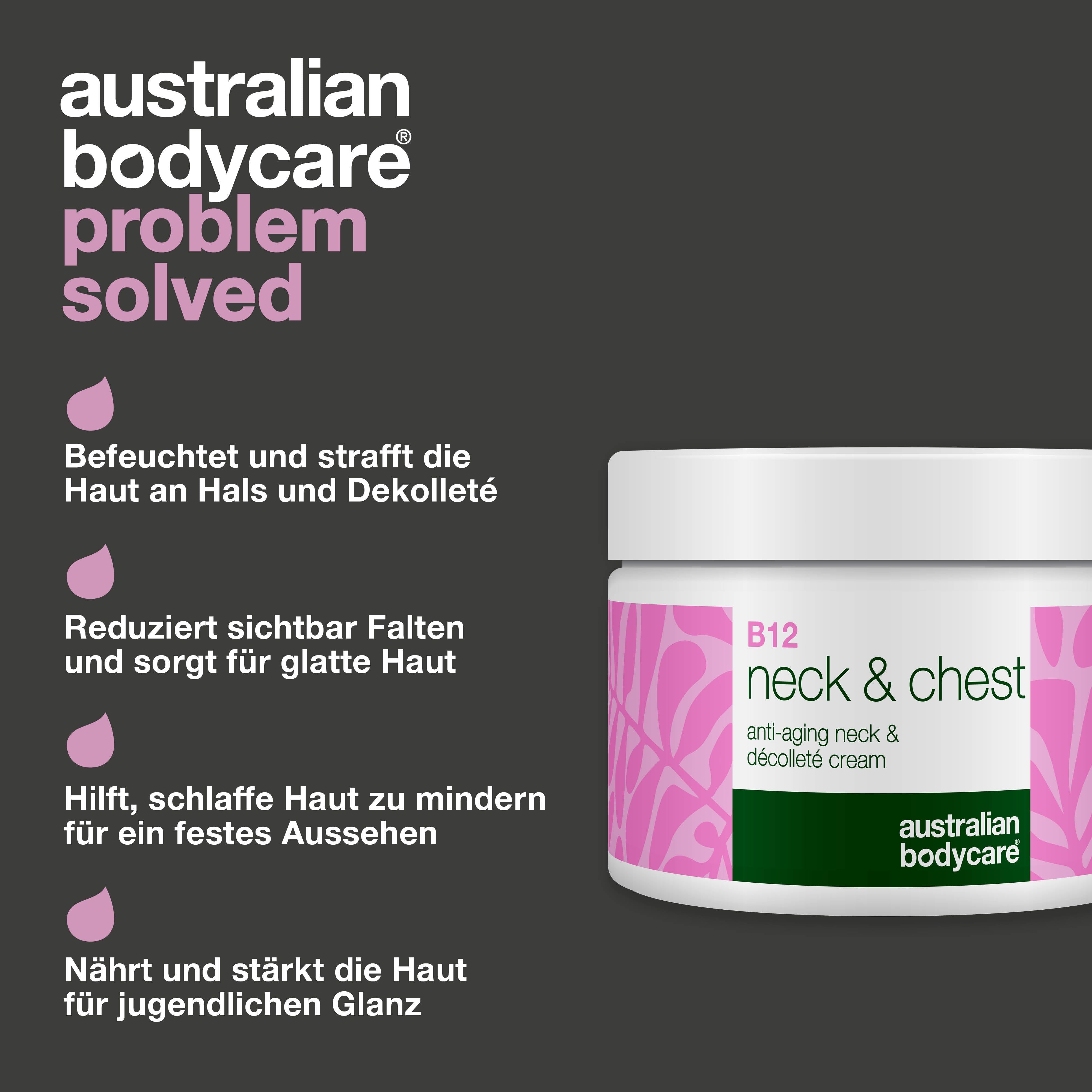 Produkt mit Text. Aufschrift: B12 neck & chest, anti-aging cream. Australian Bodycare Logo. Pinke Tropfen.