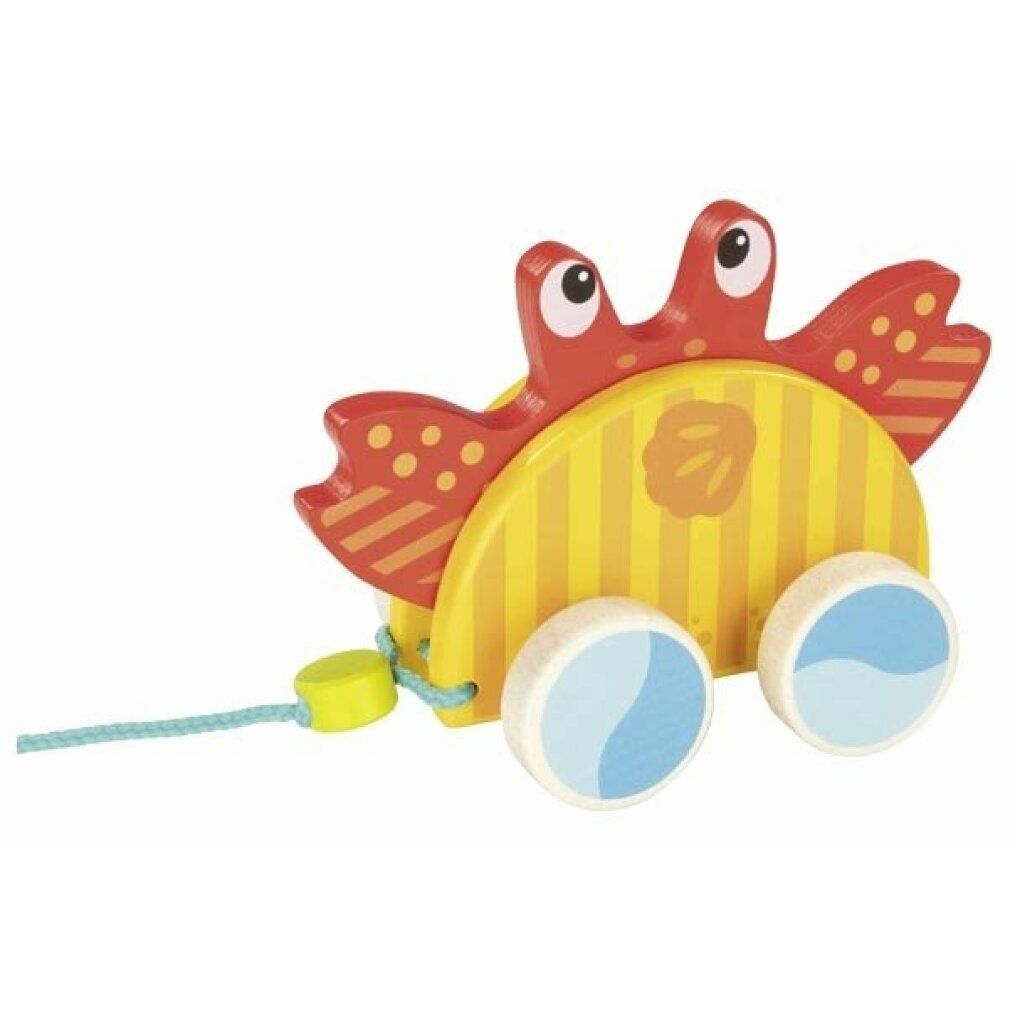 Holzkrabbe auf Rädern mit Zugband. Gelb-orangefarbenes Design. Zwei Räder mit blauen Akzenten. Rote Krabbenarme.