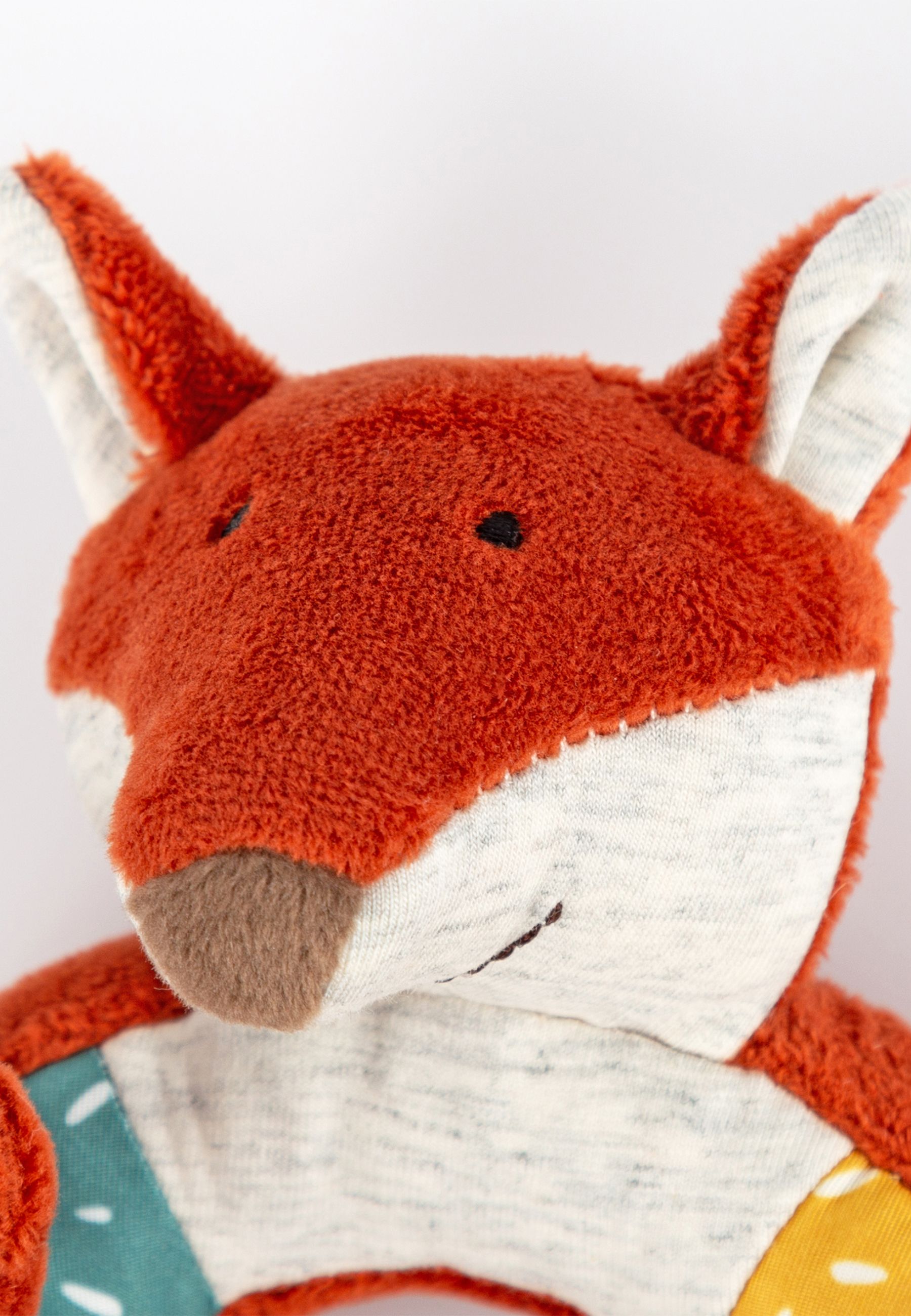 Nahaufnahme des Fuchskopfes. Orangefarbenes Fell, weiße Ohren und Details.