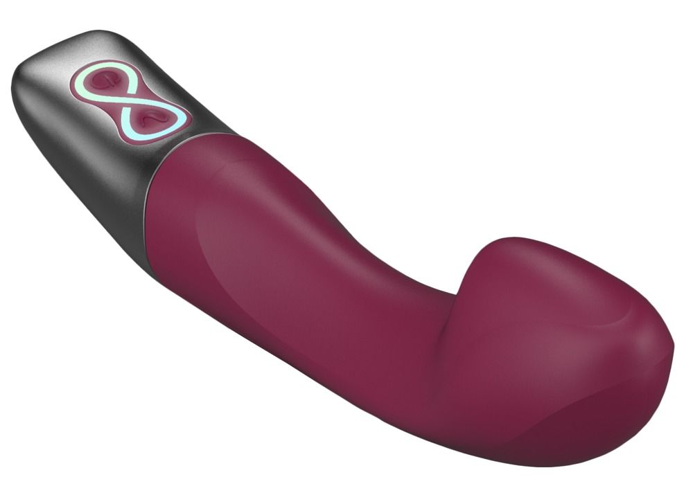 Bordeauxfarbener Vibrator mit silbernem Kopf. Ergonomische Form. Auf dem Kopf ist ein beleuchtetes Unendlichkeitszeichen zu sehen.