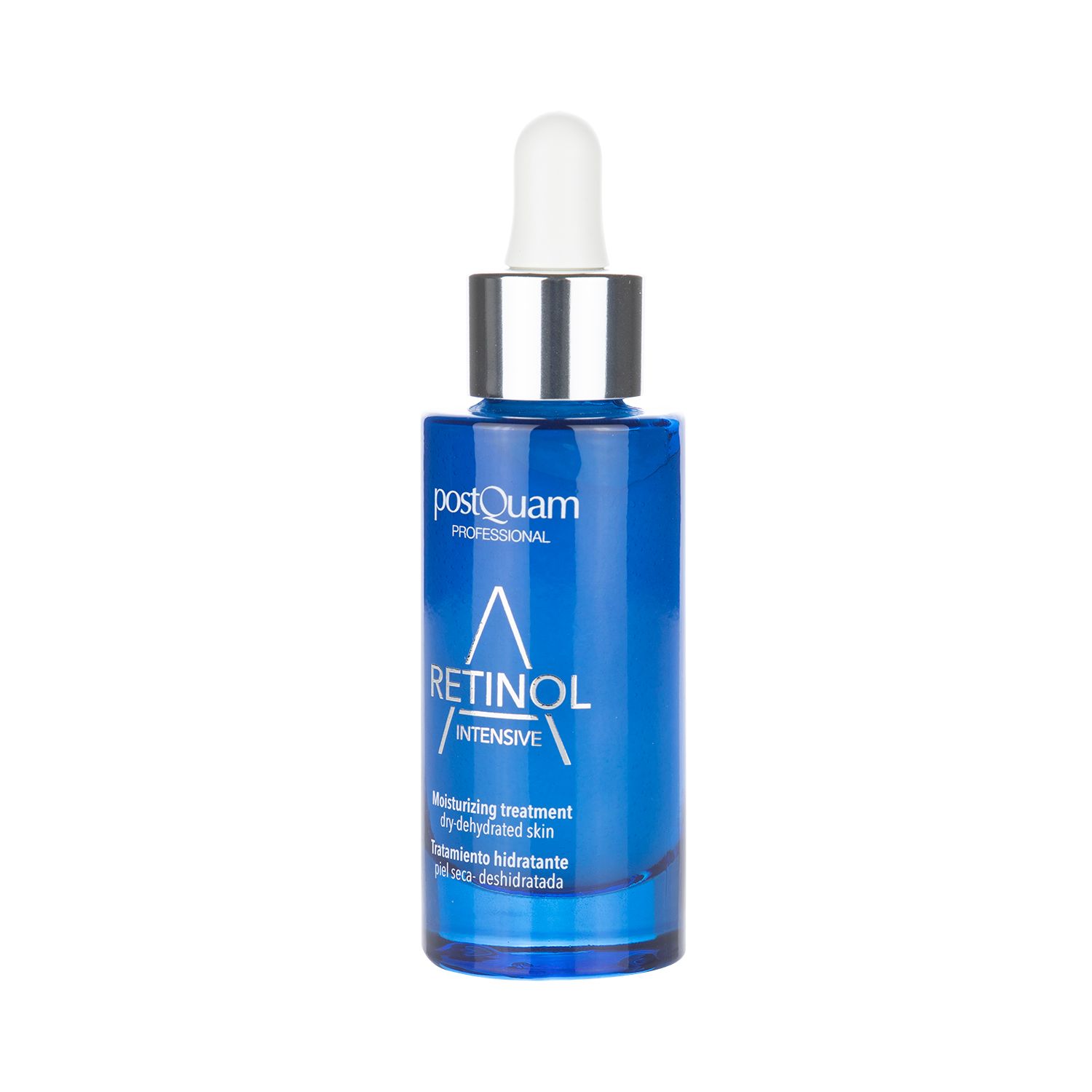 Blaue Flasche mit Pipette. Aufschrift: Retinol Intensive, Postquam Professional. Feuchtigkeitspflege für trockene Haut.