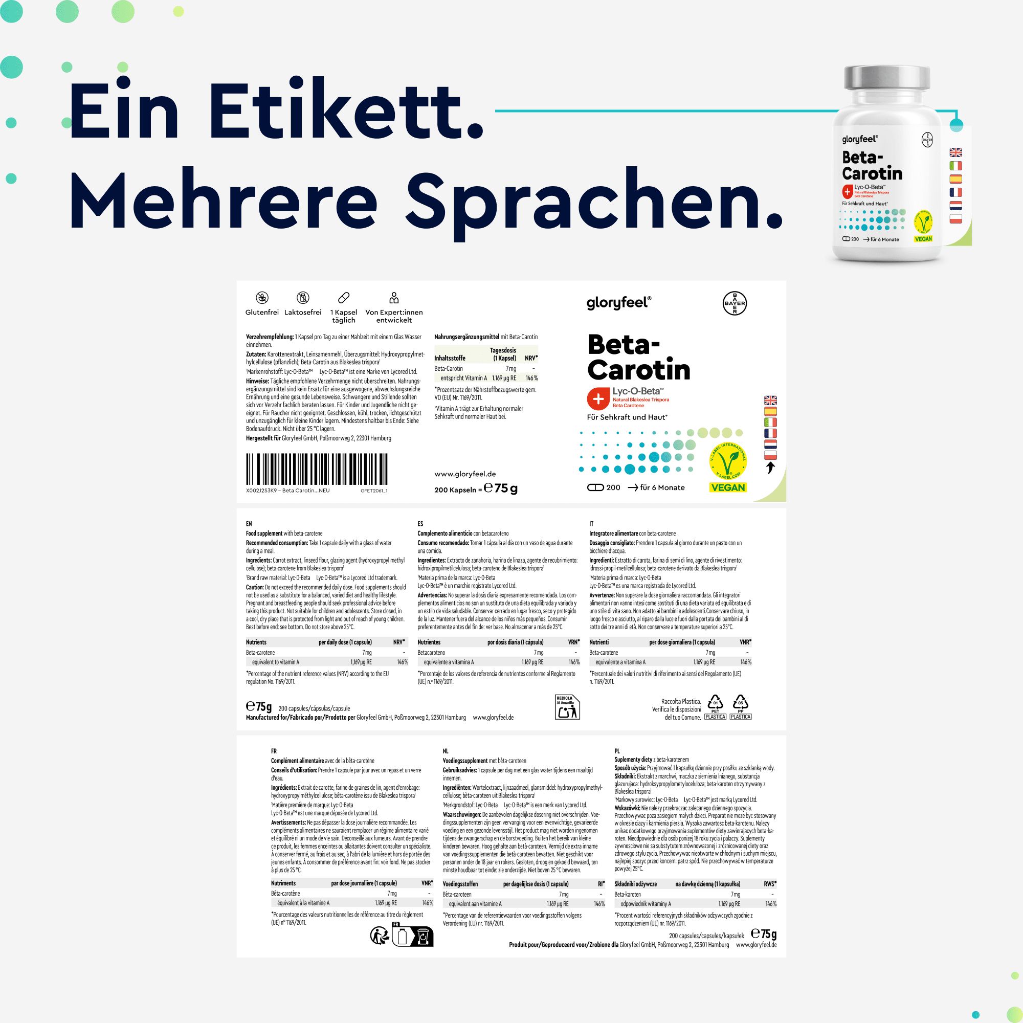 Etikett mit Text in mehreren Sprachen. Aufschrift: gloryfeel Beta-Carotin. Vegan-Siegel. Text: Ein Etikett. Mehrere Sprachen.