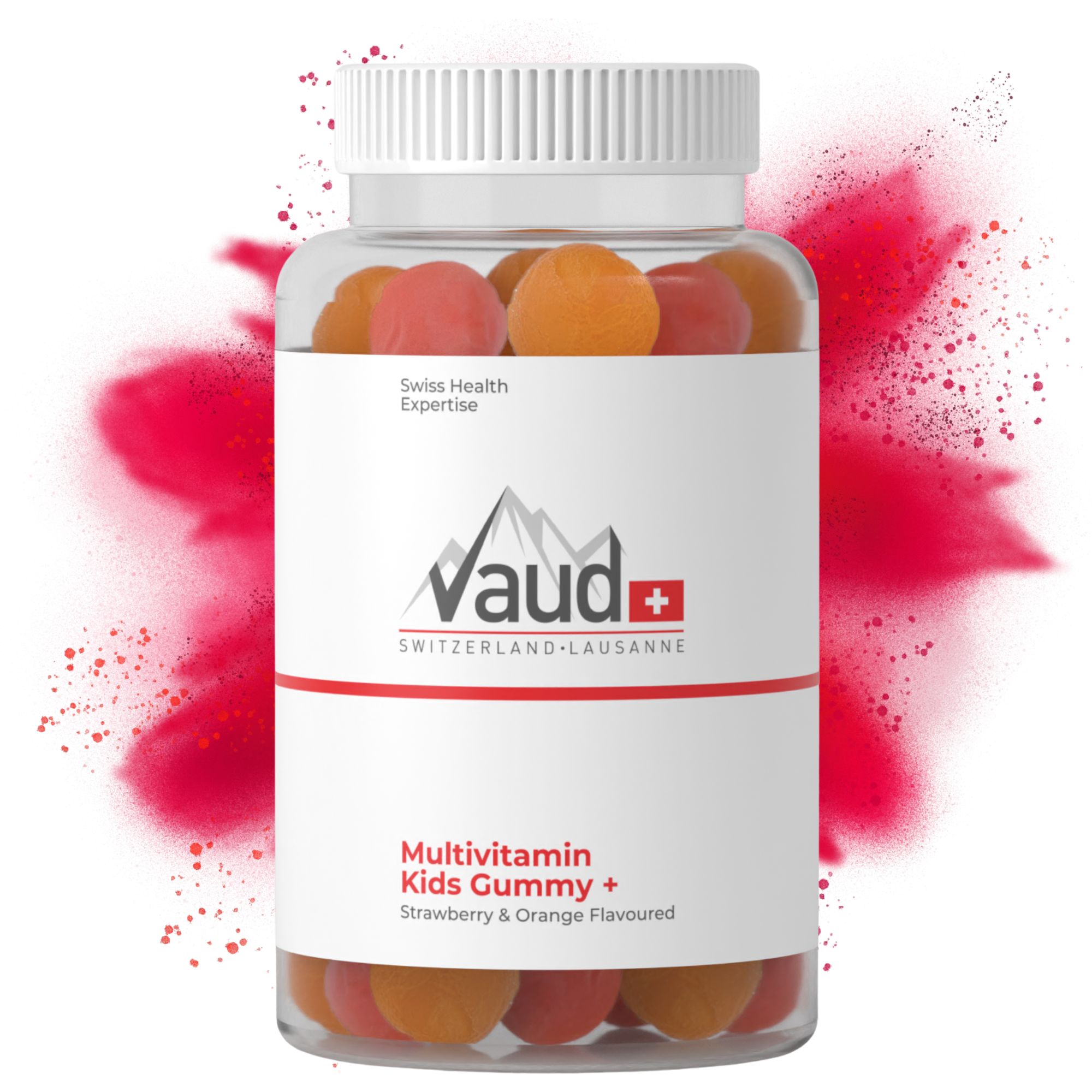 Klare Flasche mit bunten Gummibärchen. Weißes Etikett mit Logo und Text: Multivitamin Kids Gummy + Strawberry & Orange Flavoured, roter Hintergrund.