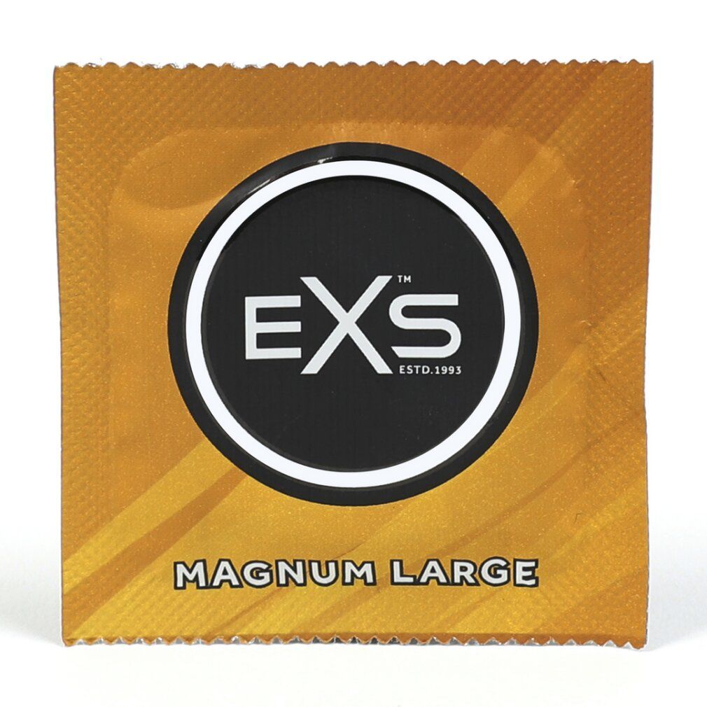Verpackung mit 48 veganen EXS Magnum Large Kondomen. Goldfarben mit schwarzem Logo und Text.