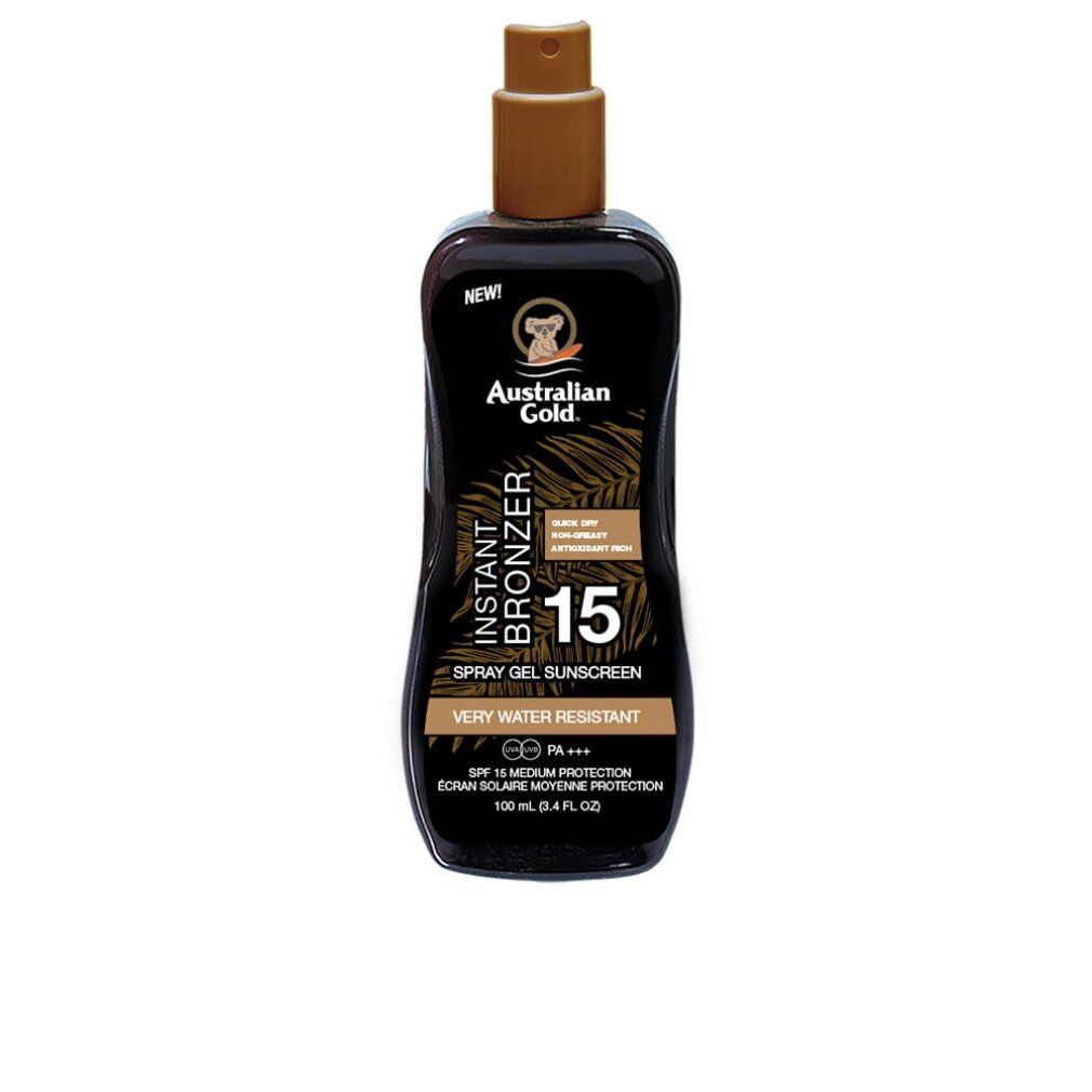 Schwarze Sprühflasche mit braunem Deckel. Aufschrift: Australian Gold, Instant Bronzer, 15, Spray Gel Sunscreen. Sehr wasserfest.