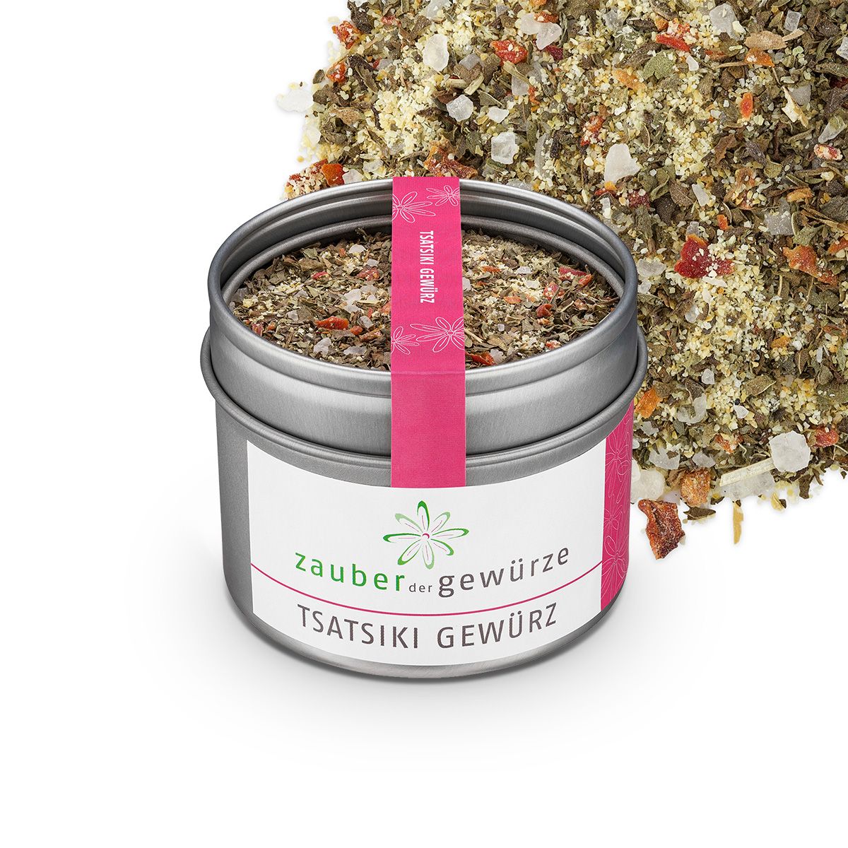 Geöffnete Dose Tsatsiki Gewürz. Rosa Etikett mit Produktnamen. Gewürzmischung daneben. Metallbehälter.