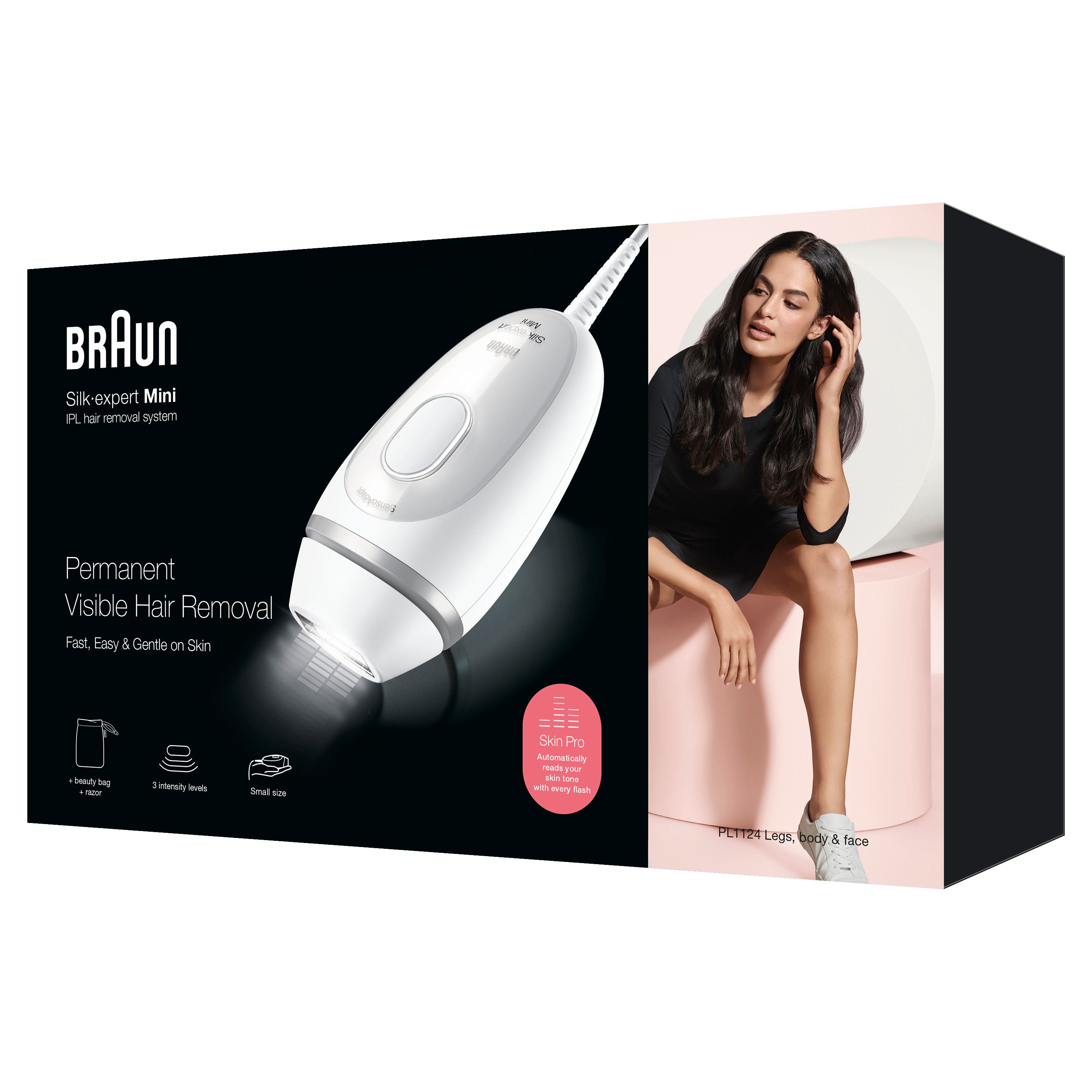 Produktverpackung mit IPL-Gerät. Aufdruck: Braun Silk-expert Mini. Frau sitzt auf rosa Podest.