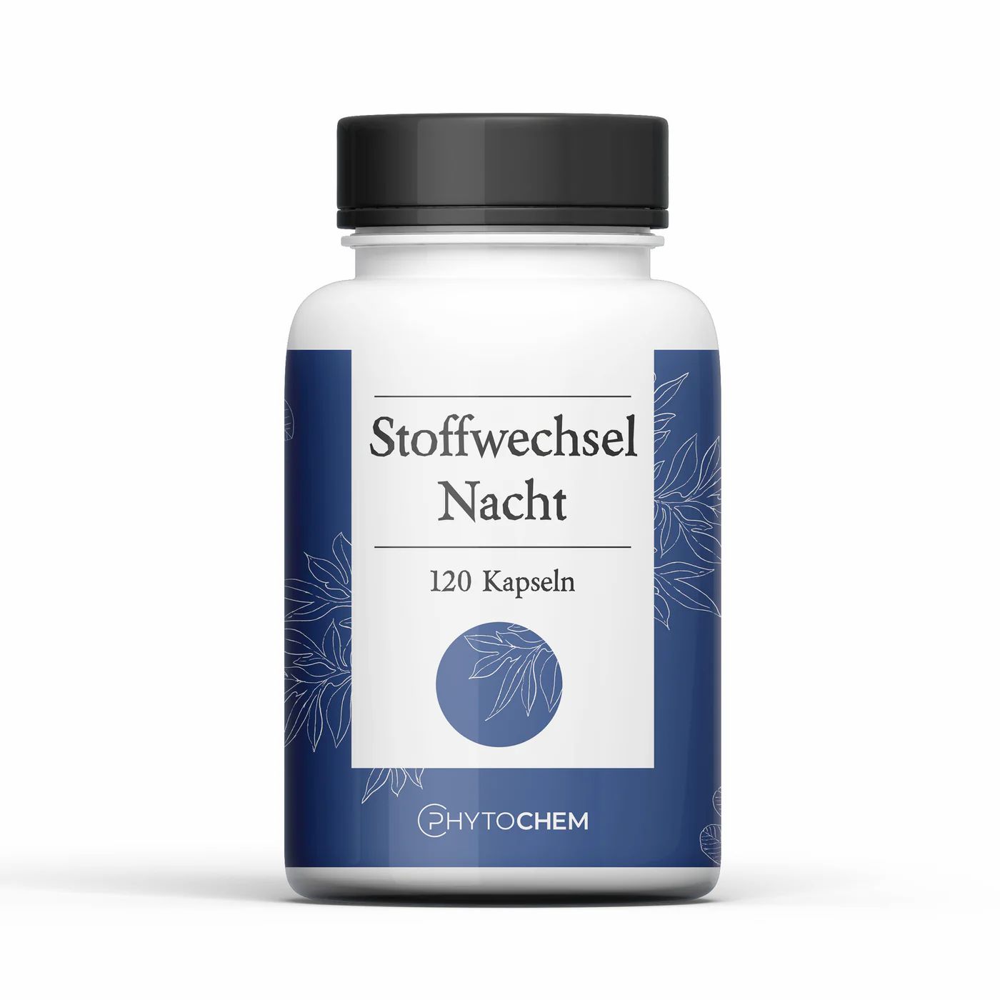 Weiße Flasche mit schwarzem Deckel. Aufschrift: Stoffwechsel Nacht, 120 Kapseln. Blaue Etikett mit floralem Muster und Logo.