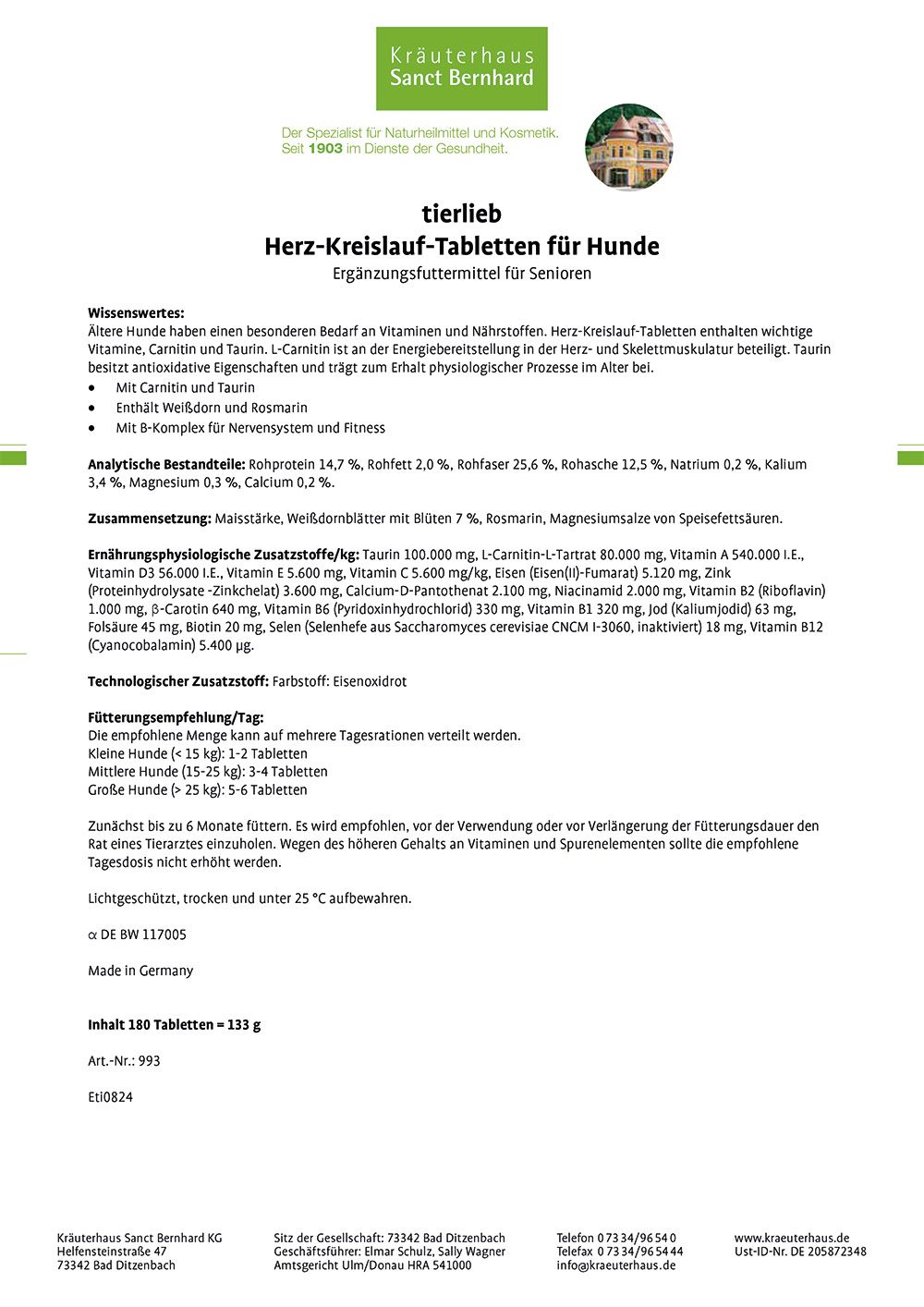 Weißes Papier mit Text. Überschrift: tierlieb Herz-Kreislauf-Tabletten für Hunde. Zusammensetzung, Fütterungsempfehlung, Inhaltsstoffe.