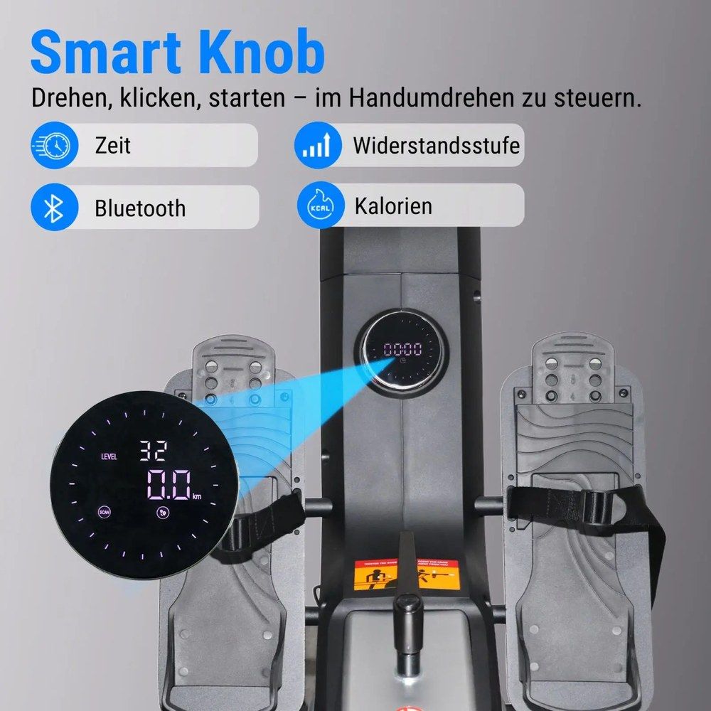 Nahaufnahme des Displays und der Pedale eines AsVIVA 3D-Rudergeräts RA12.