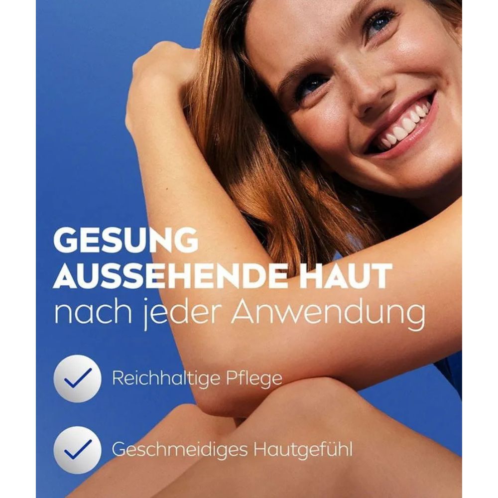 Frau mit Arm. Text: GESUND AUSSEHENDE HAUT nach jeder Anwendung. Reichhaltige Pflege, geschmeidiges Hautgefühl.