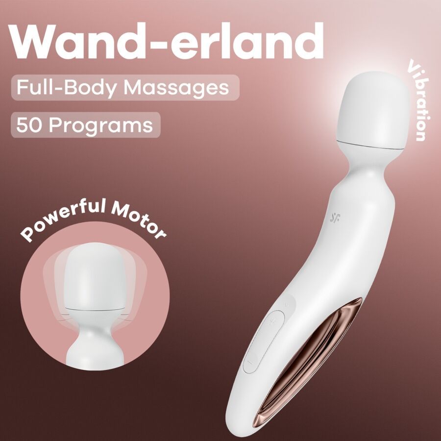Werbebild. Weißes Massagegerät mit abgerundetem Kopf. Text: Wand-erland, Full-Body Massages, 50 Programs, Powerful Motor.