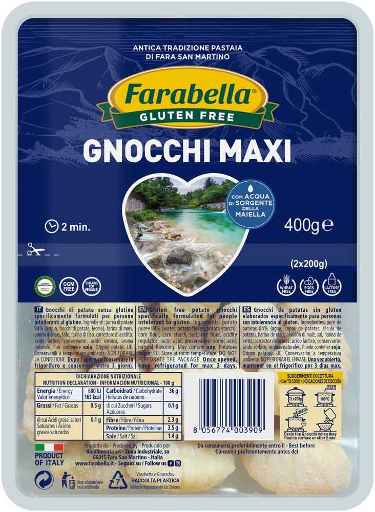 Verpackung mit Farabella Gnocchi Maxi. Glutenfrei. Blaue Verpackung mit Produktname, Gewicht und Kochhinweisen.
