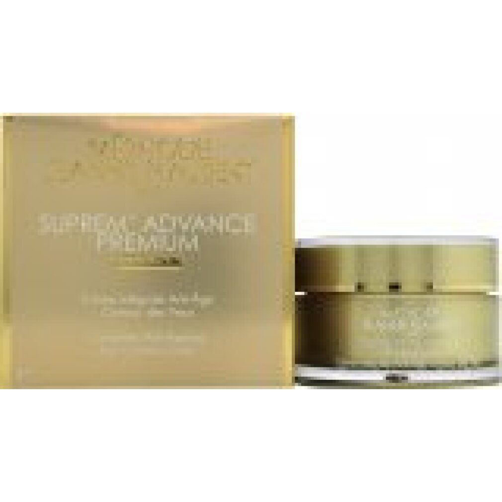 Goldfarbene Verpackung und Creme-Tiegel. Text: Suprem' Advance Premium, Crème intégrale anti-âge contour des yeux.