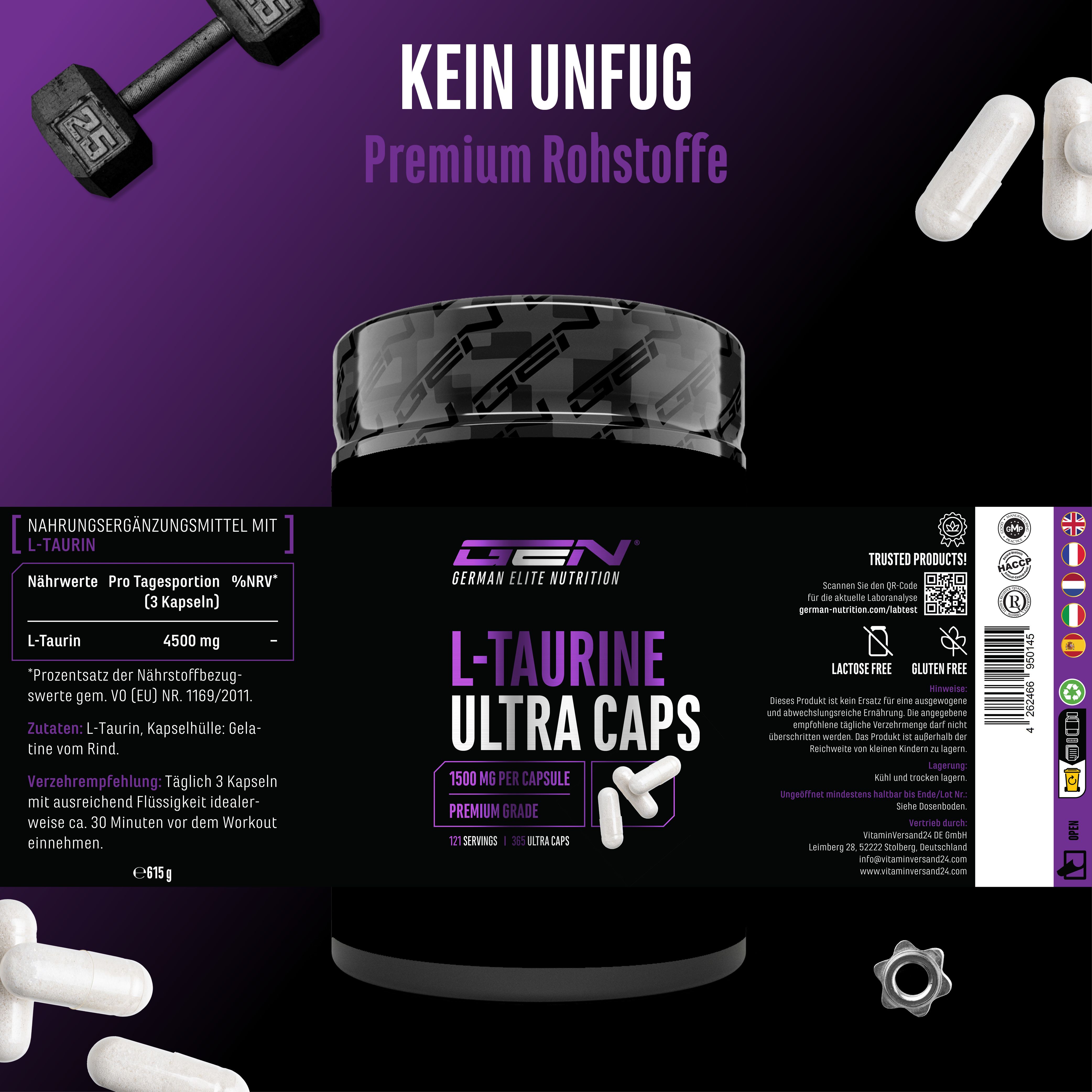 Produktverpackung von L-Taurin Ultra Caps. Zeigt Dose mit Kapseln und Informationen zu Inhaltsstoffen und Dosierung.