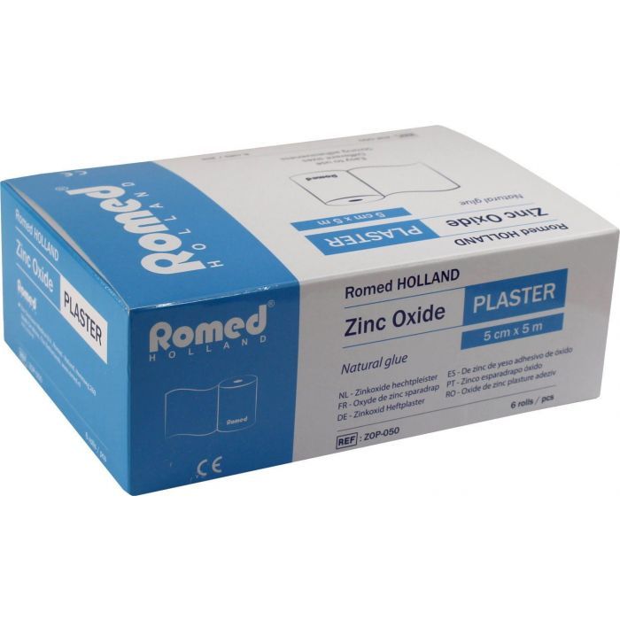 Verpackung Zinkoxid Heftpflaster. Aufschrift: Romed HOLLAND, ZINC OXIDE PLASTER, 5 cm x 5 m.