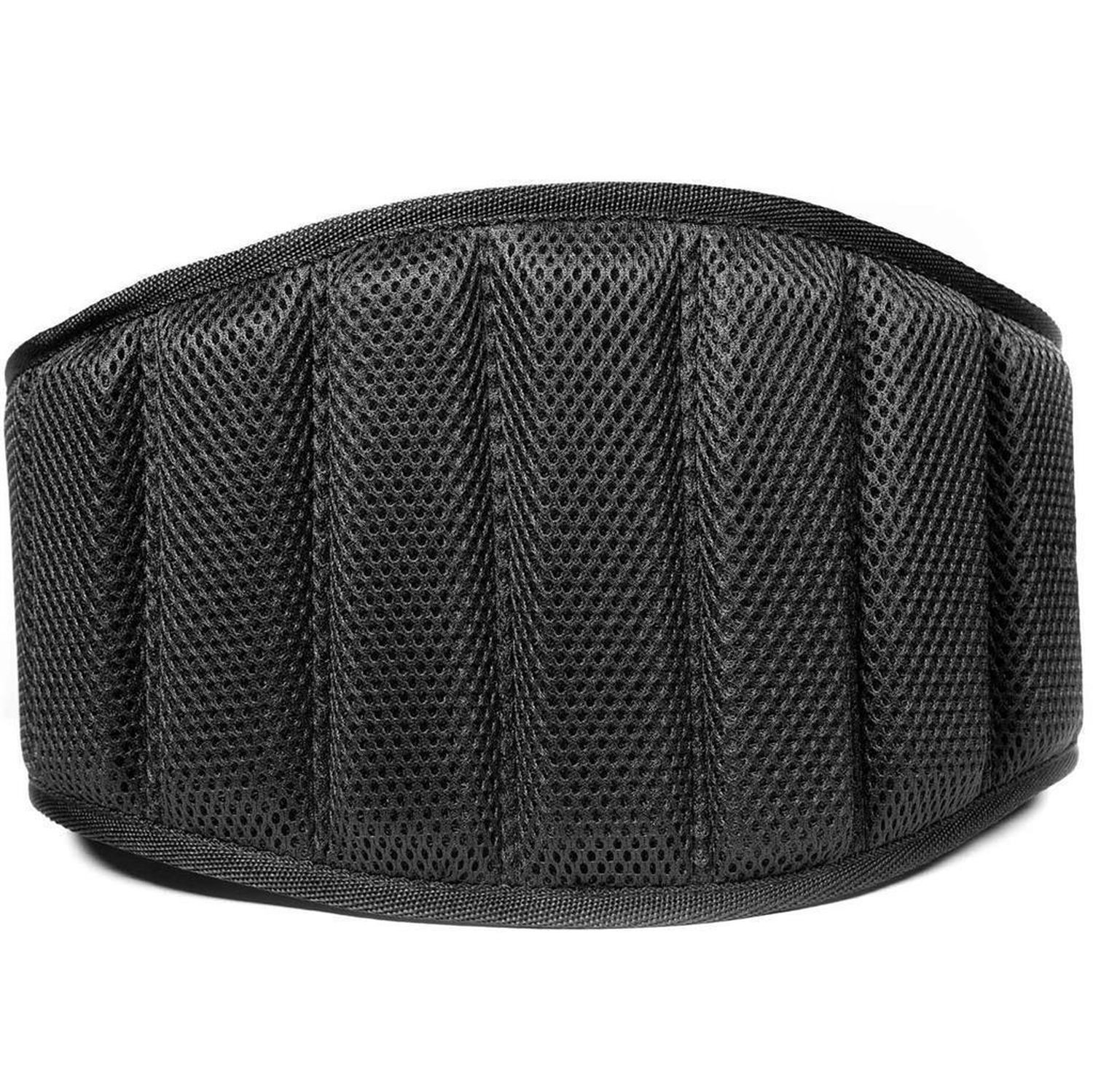 Schwarzer Gewichthebergürtel, Rückseite. Mesh-Material mit vertikalen Polstern. Keine Marke sichtbar.